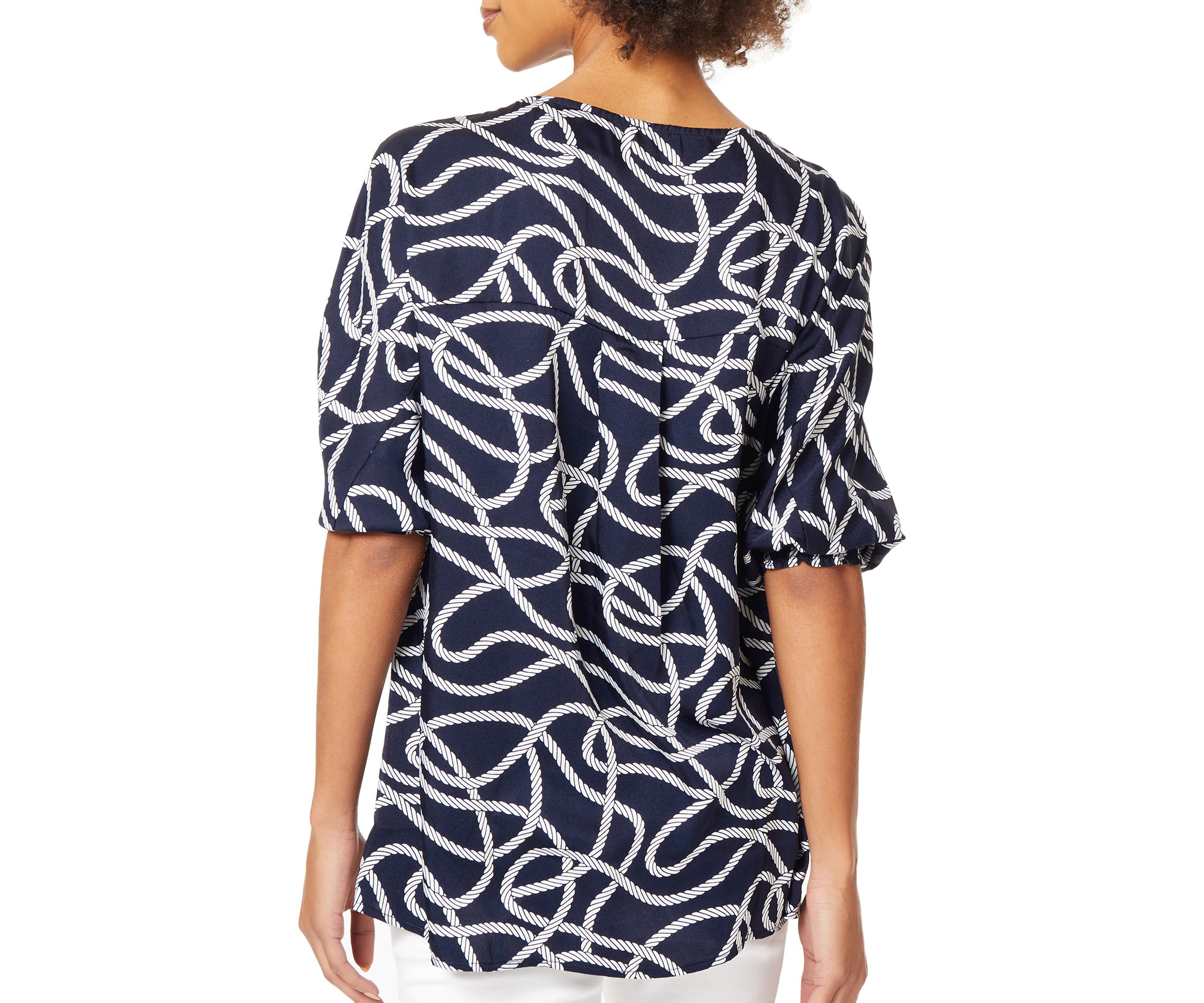 Womens Rope Print Smocked Cuff Tunic Blouse 