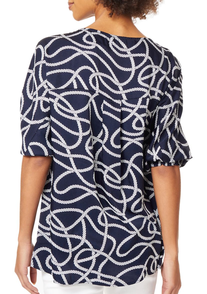 Womens Rope Print Smocked Cuff Tunic Blouse 