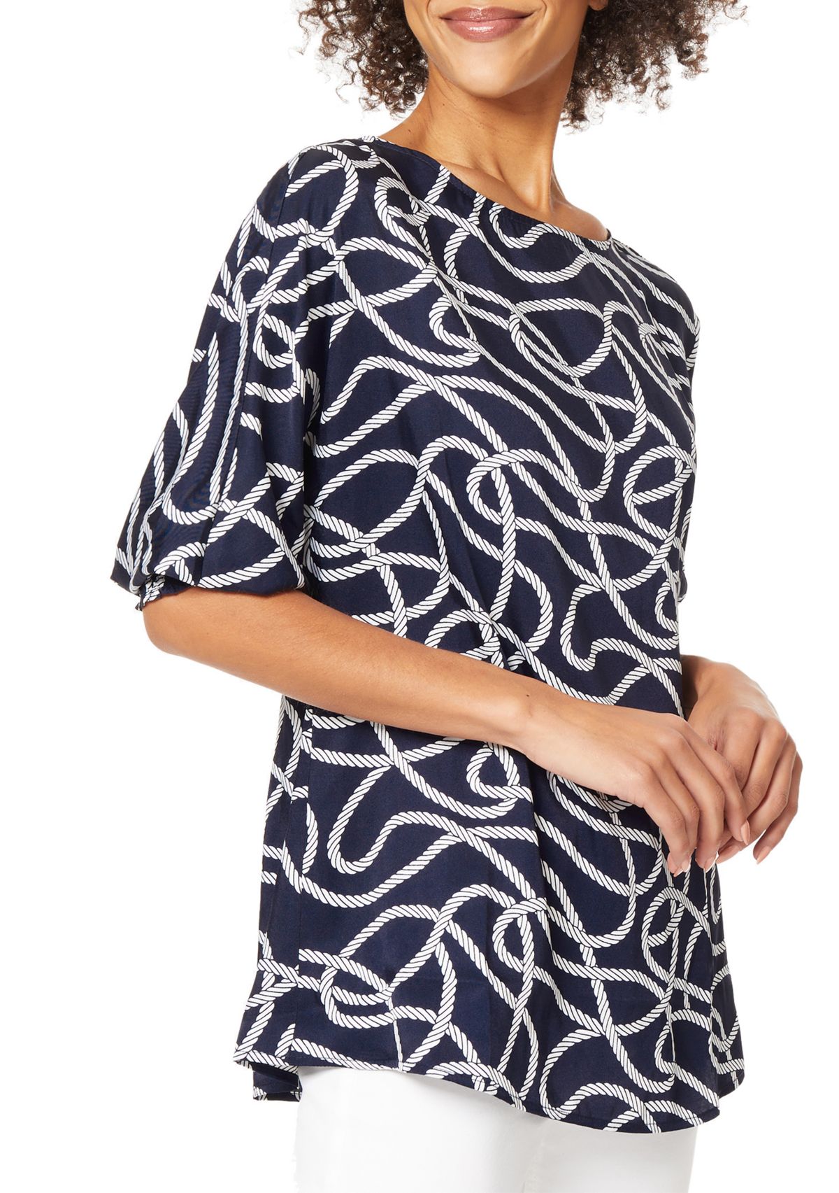 Womens Rope Print Smocked Cuff Tunic Blouse 