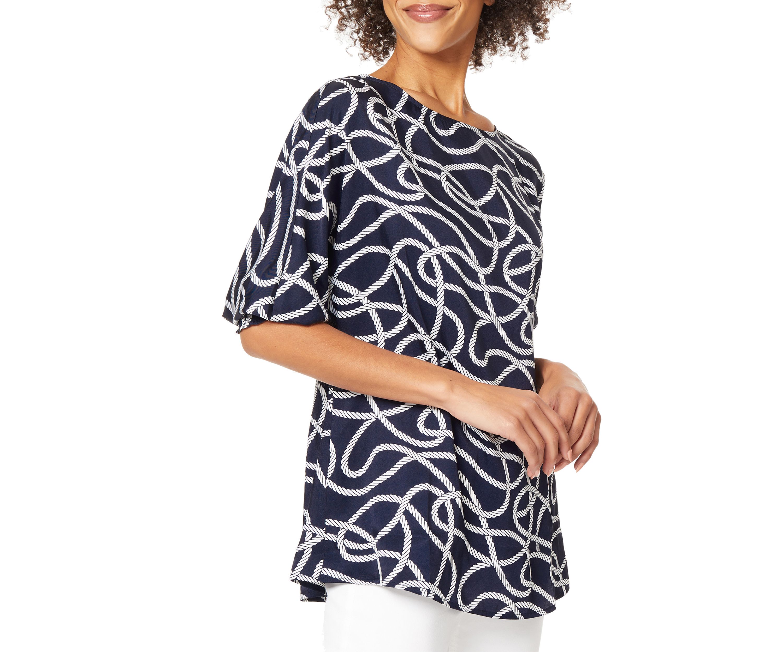 Womens Rope Print Smocked Cuff Tunic Blouse 