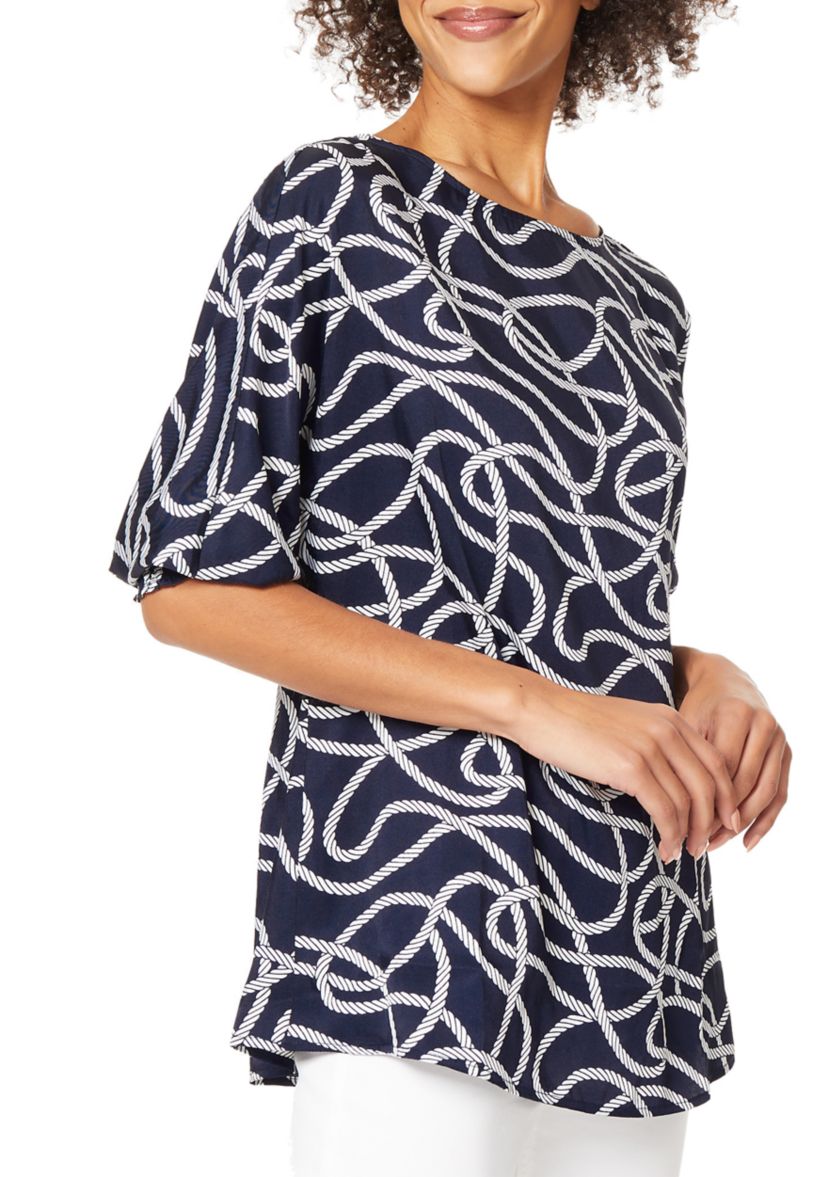 Womens Rope Print Smocked Cuff Tunic Blouse 