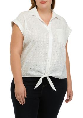 JONES NEW YORK Women's Plus Size Cap Sleeve Tie Front Button Down Blouse, White, 2X