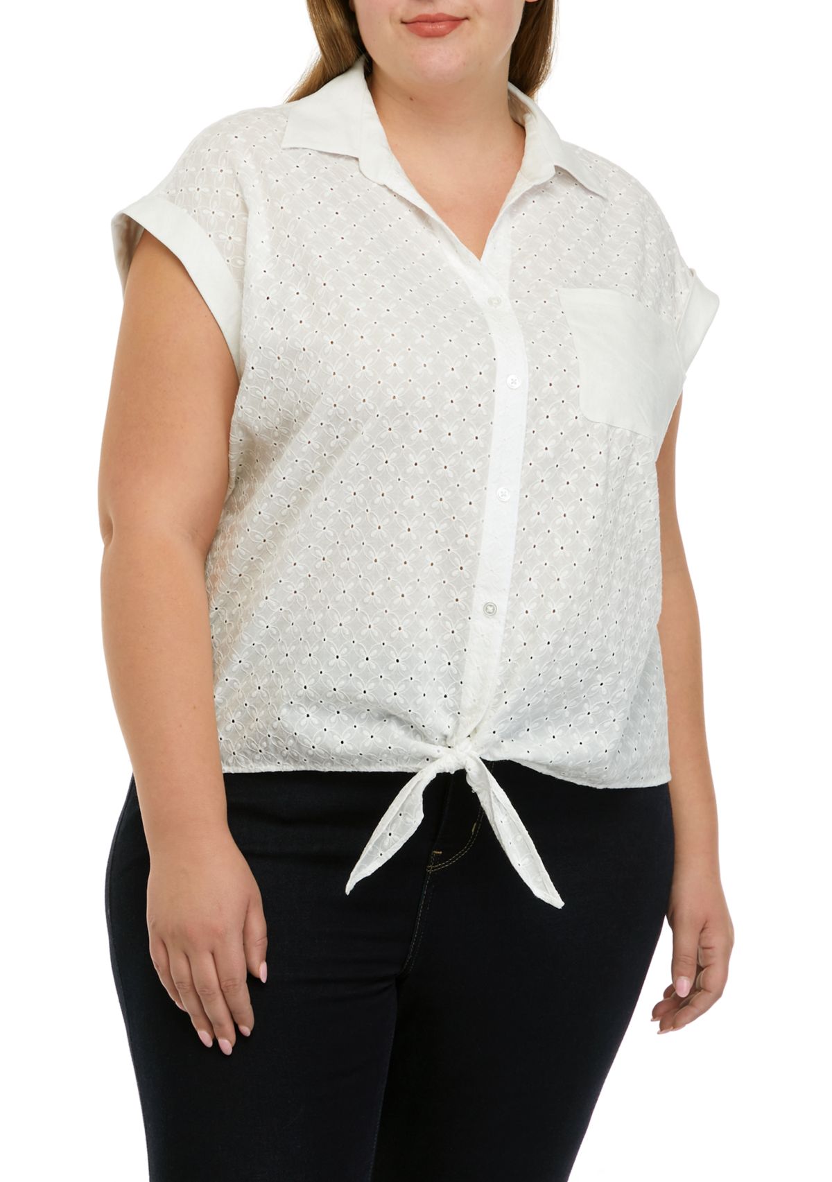 Plus Size Cap Sleeve Tie Front Button Down Blouse