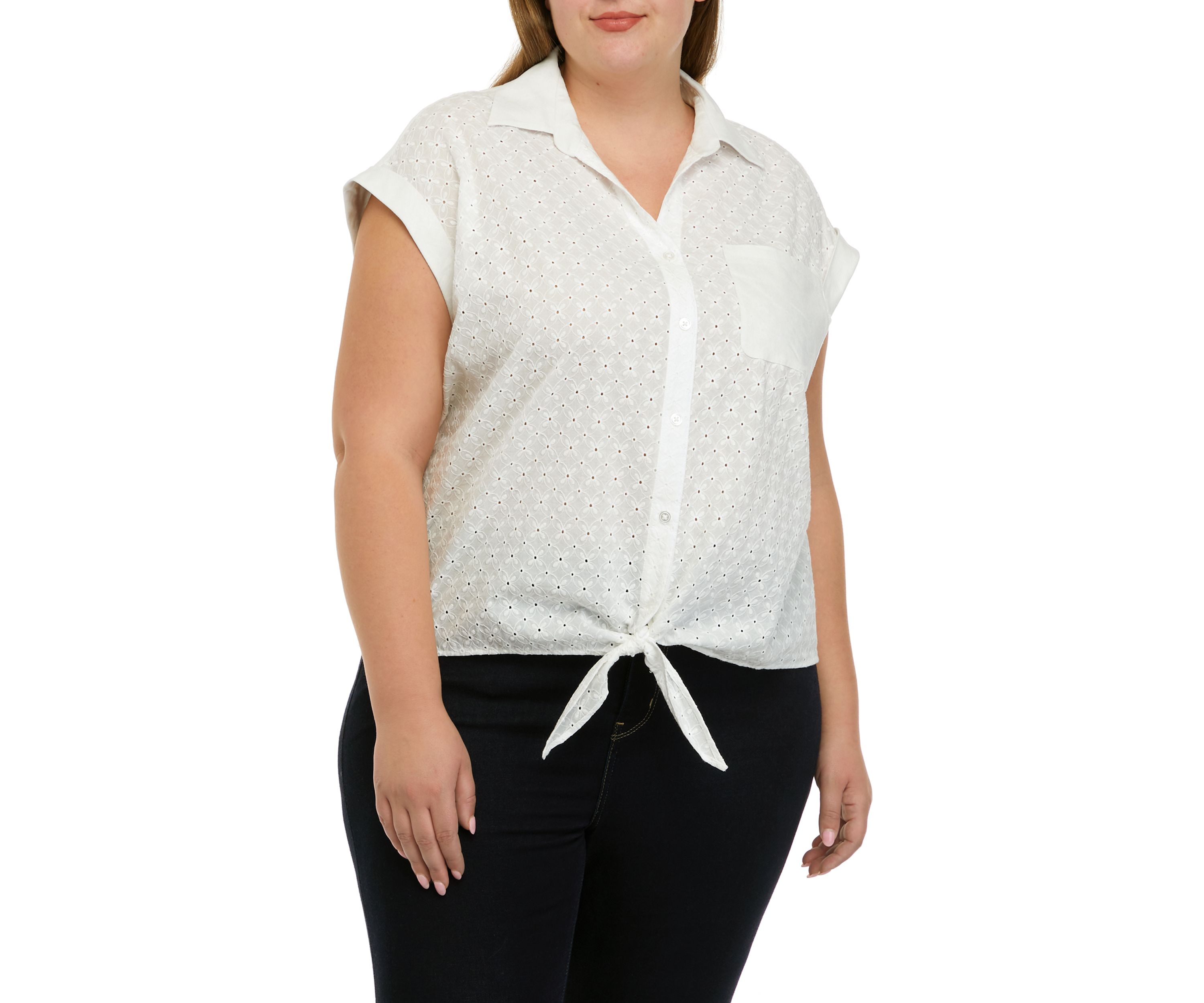 Plus Size Cap Sleeve Tie Front Button Down Blouse