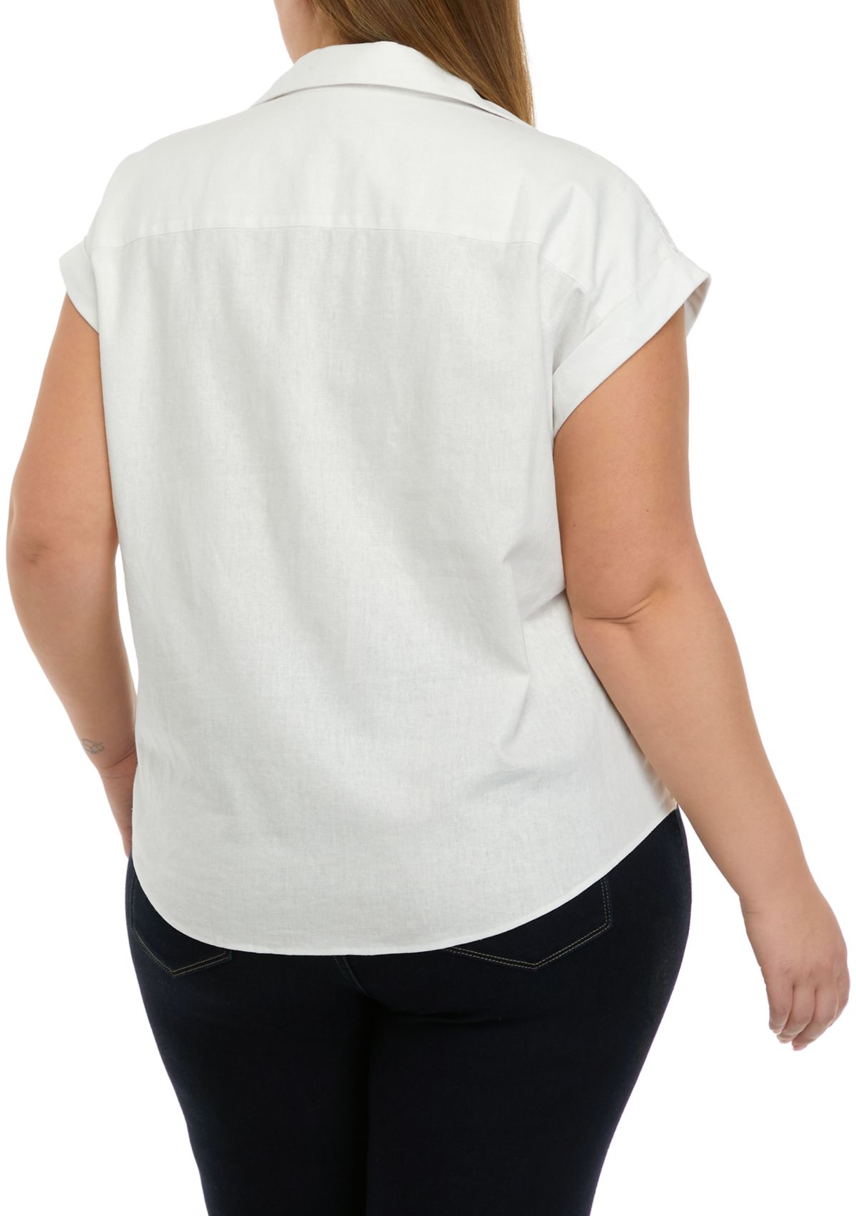 Plus Size Cap Sleeve Tie Front Button Down Blouse