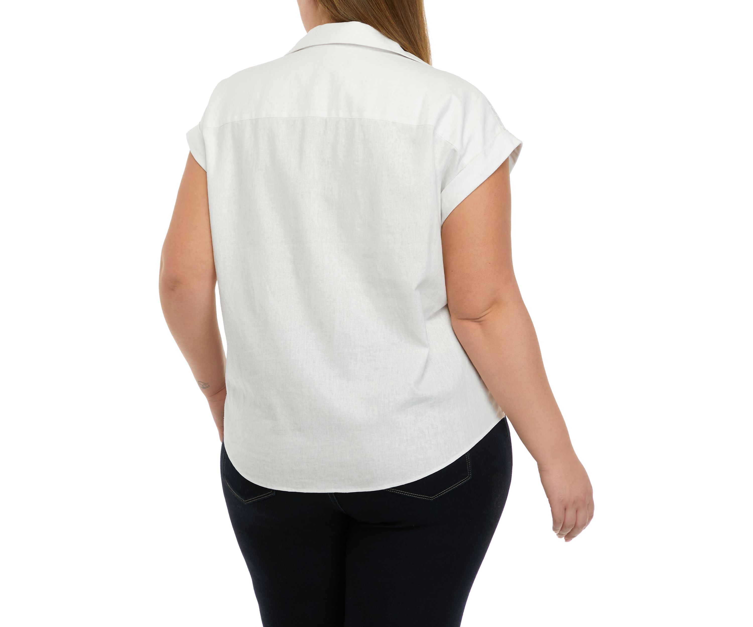 Plus Size Cap Sleeve Tie Front Button Down Blouse