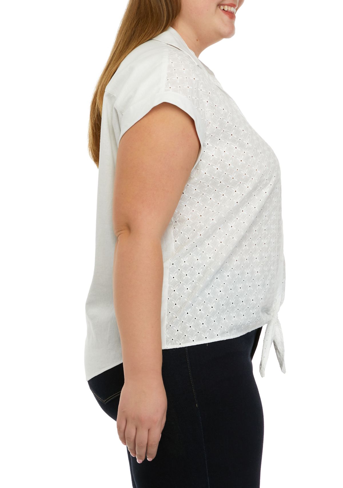 Plus Size Cap Sleeve Tie Front Button Down Blouse