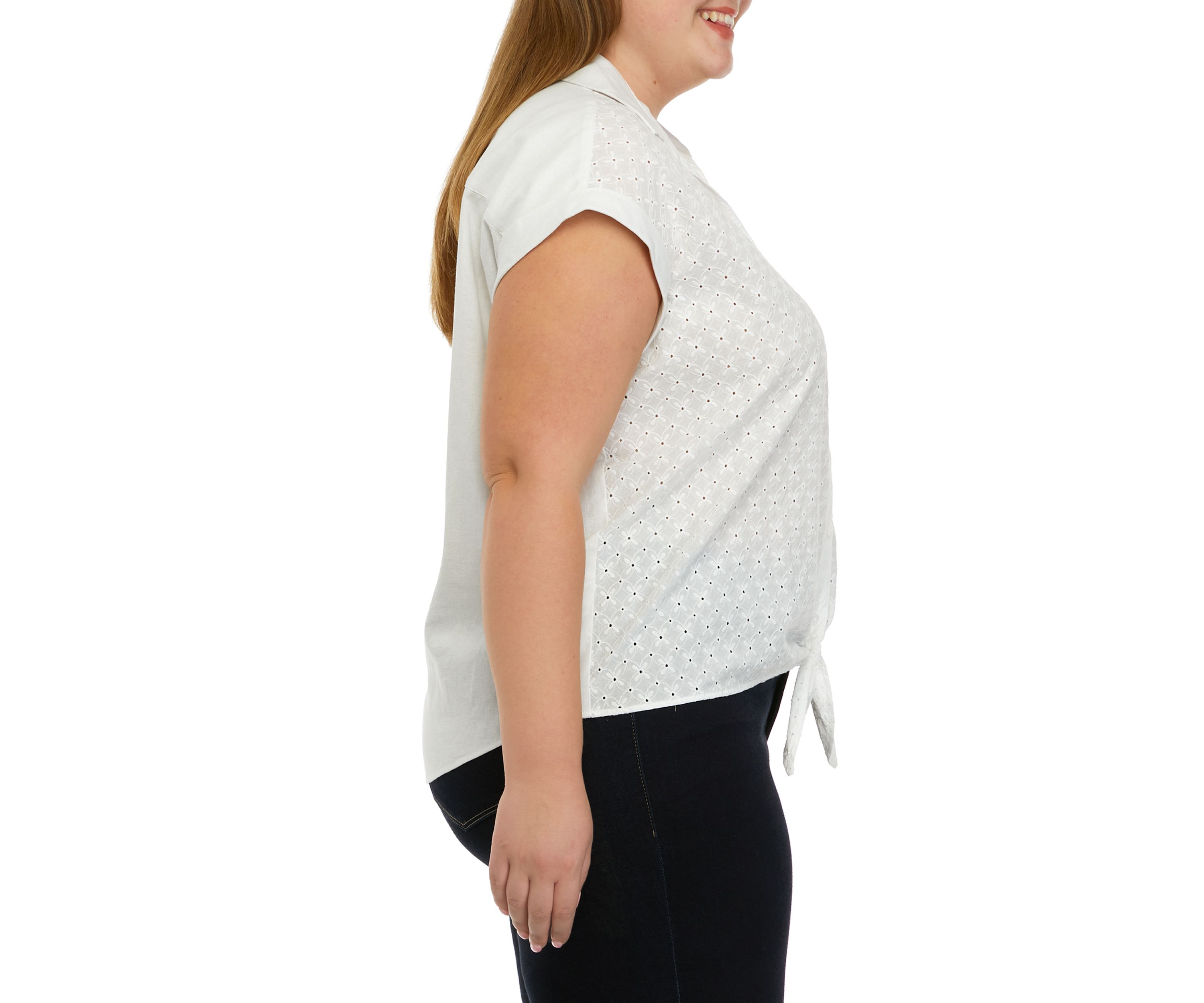 Plus Size Cap Sleeve Tie Front Button Down Blouse