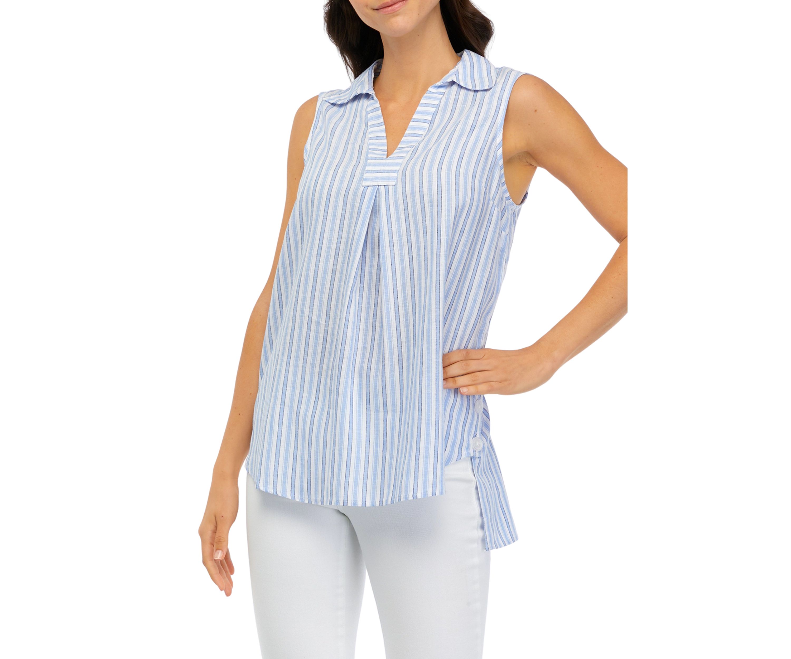 Womens Sleeveless Collared V-Neck Hi-Low Blouse