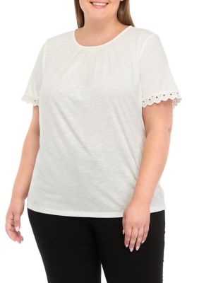 JONES NEW YORK Women's Plus Size Drapey Slub Lace Trim Flounce Sleeve T-Shirt, White, 2X -  0091308017968