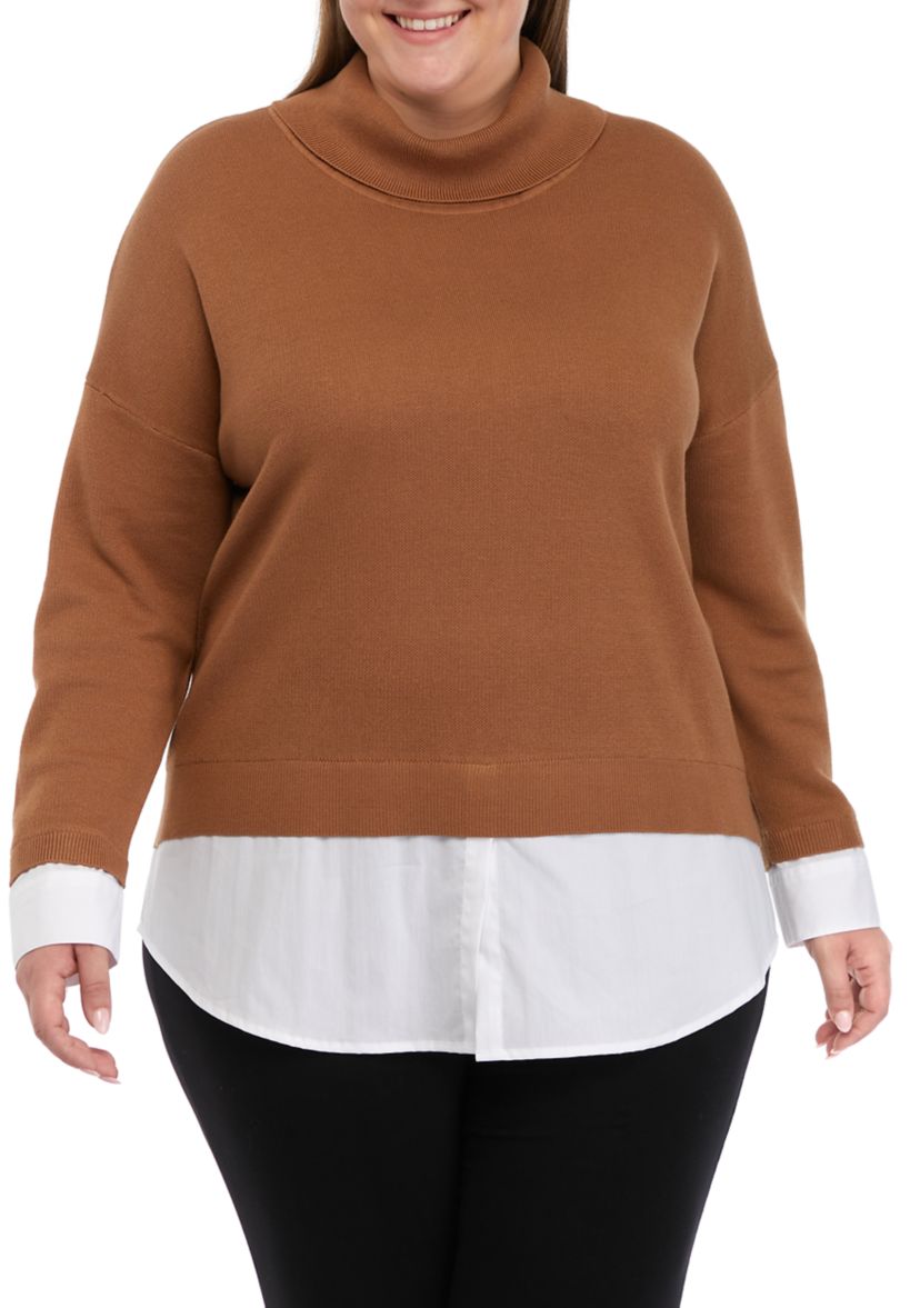 Plus Size Long Sleeve Cowl Twofer Top