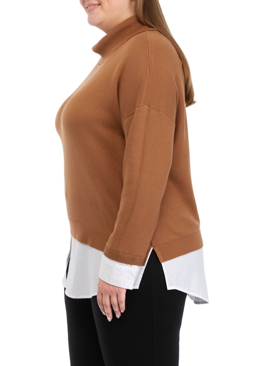 Plus Size Long Sleeve Cowl Twofer Top