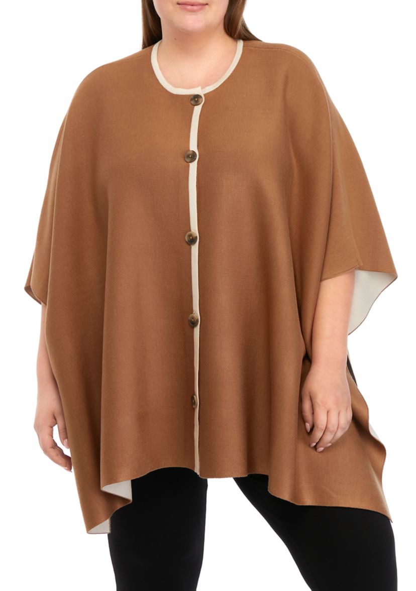 Plus Size Double Face Button Front Poncho