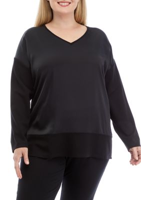 JONES NEW YORK Women's Plus Size Serenity Knit Long Sleeve Blocked V-Neck Tunic, Black, 1X