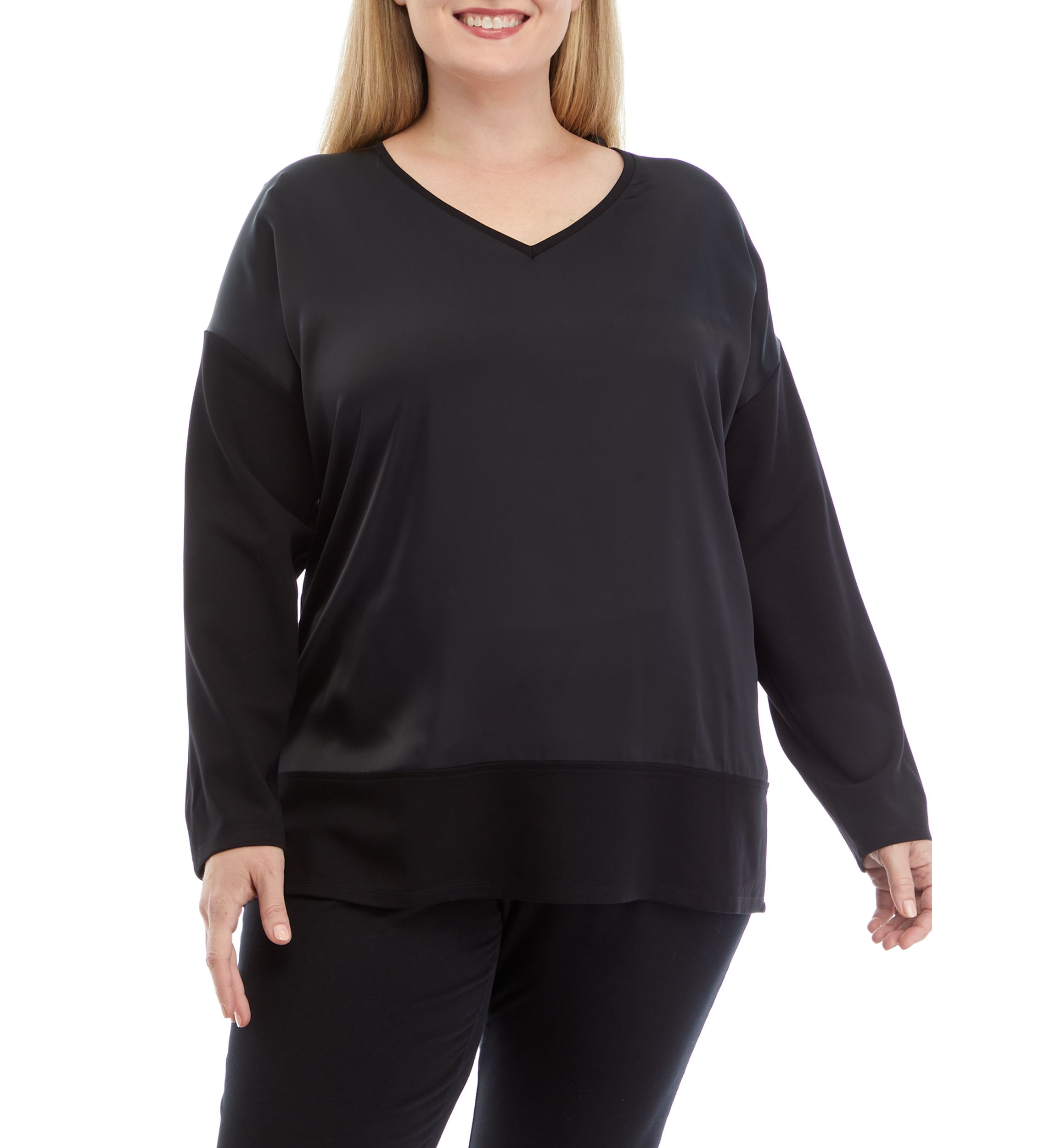 Plus Size Serenity Knit Long Sleeve Blocked V-Neck Tunic 