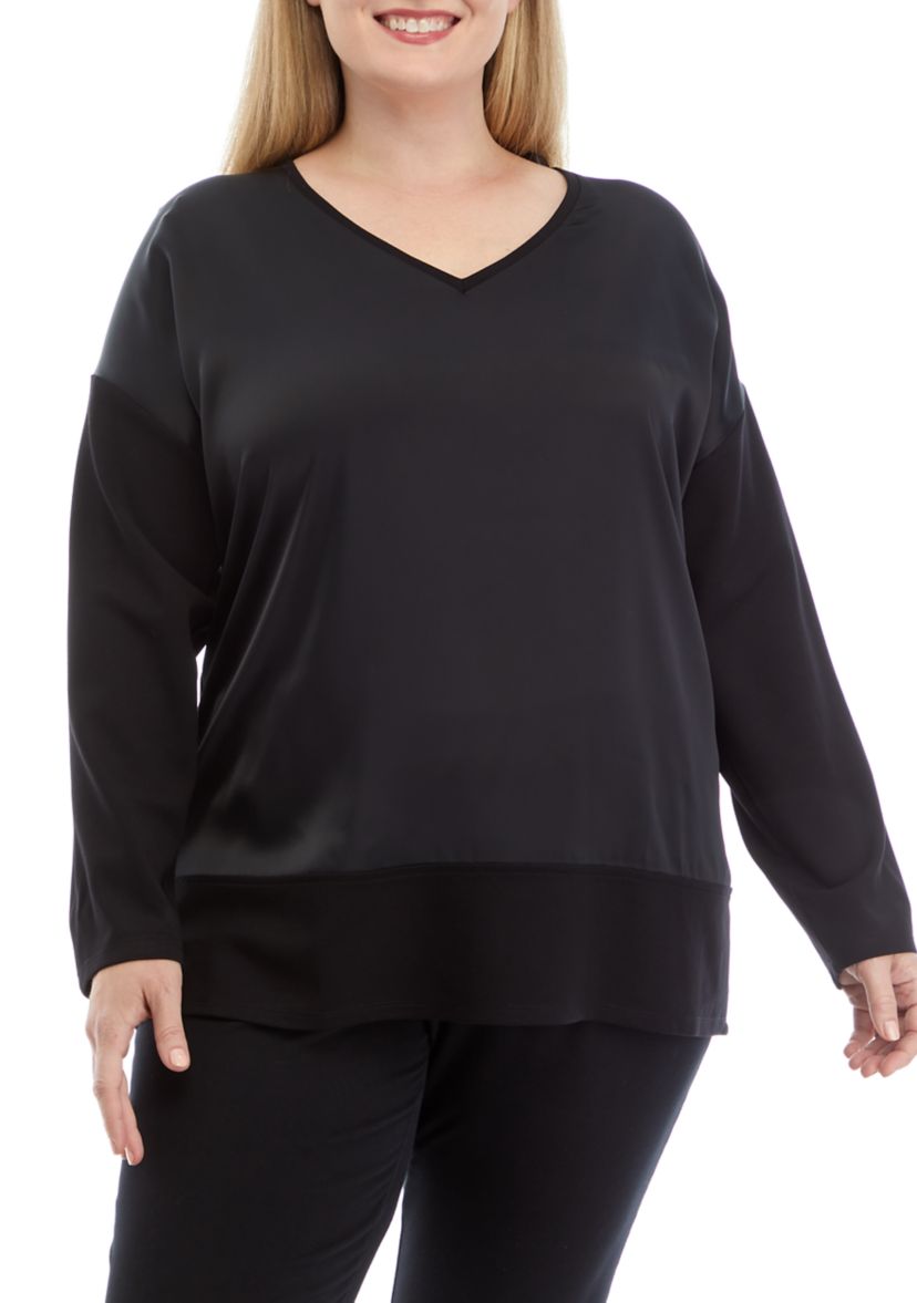 Plus Size Serenity Knit Long Sleeve Blocked V-Neck Tunic 