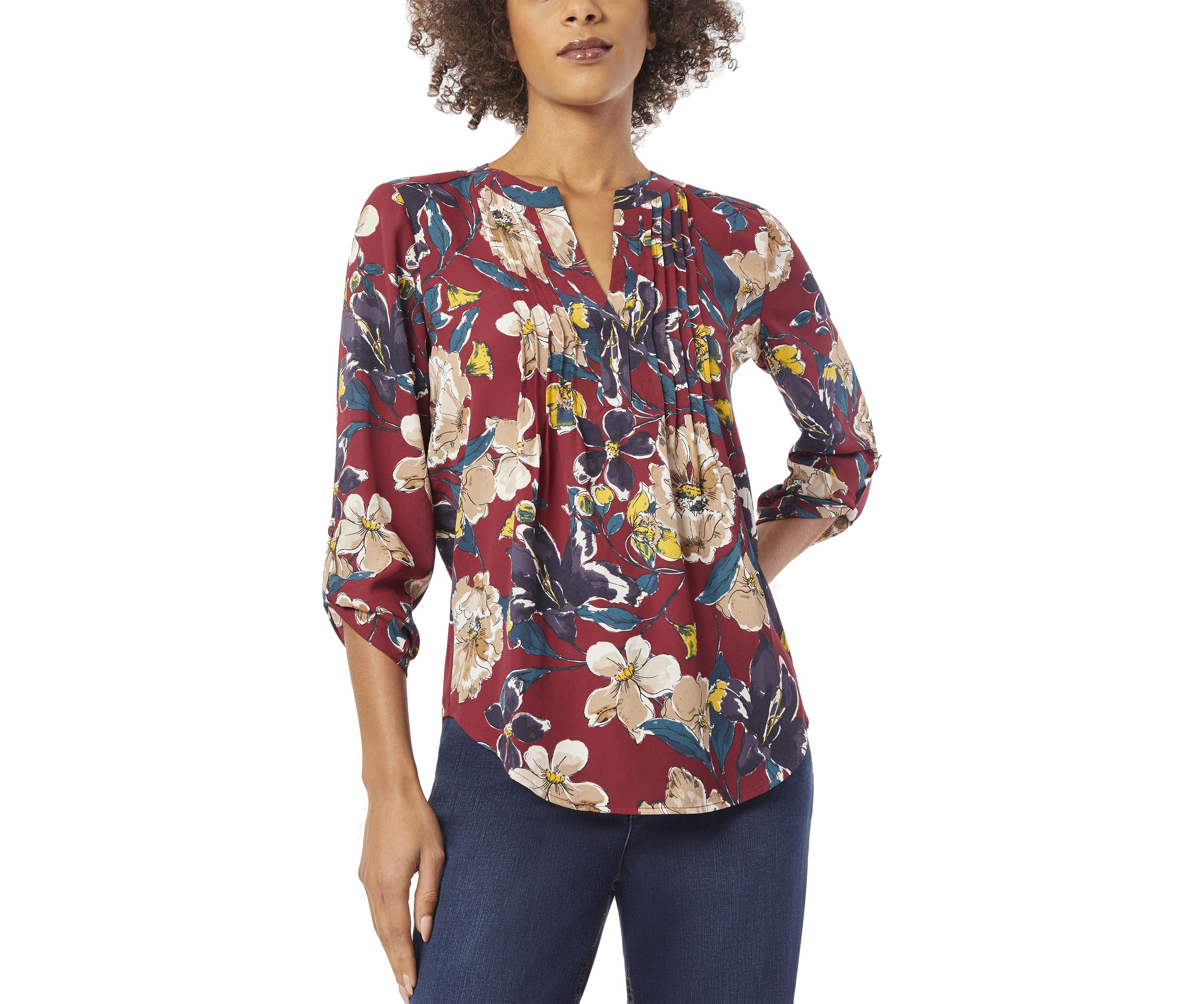 Womens 3/4 Roll Tab Sleeve Pintuck Blouse