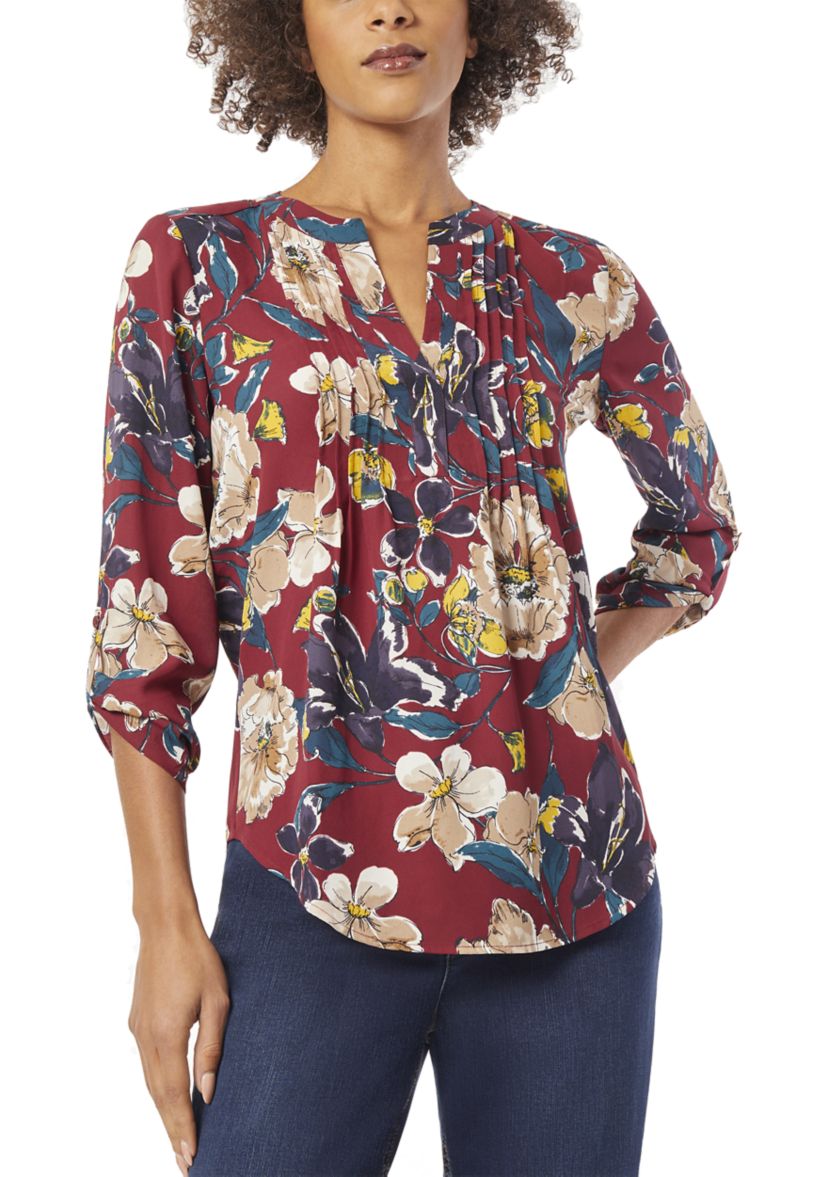 Womens 3/4 Roll Tab Sleeve Pintuck Blouse