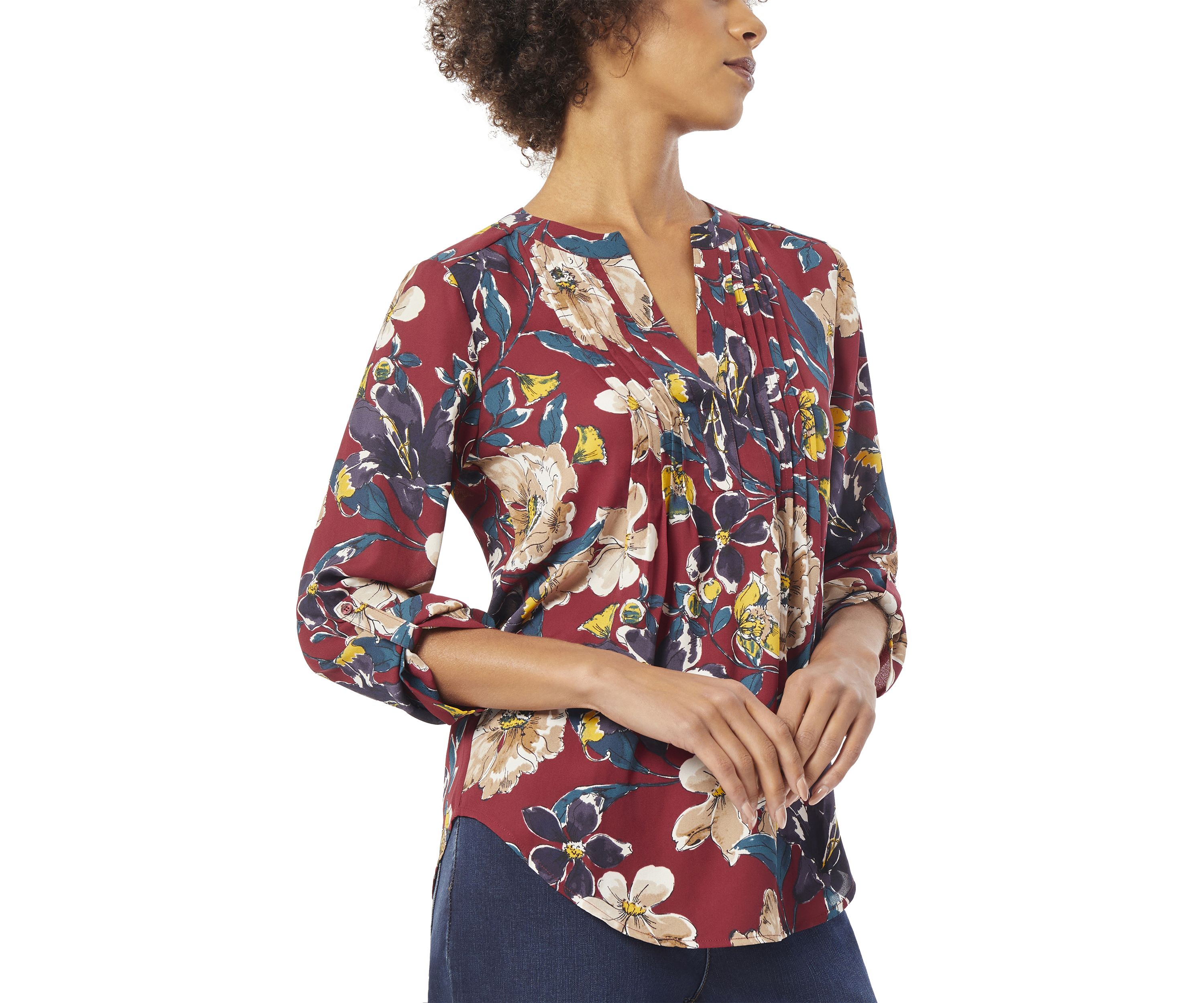 Womens 3/4 Roll Tab Sleeve Pintuck Blouse