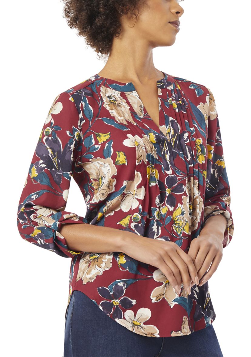 Womens 3/4 Roll Tab Sleeve Pintuck Blouse