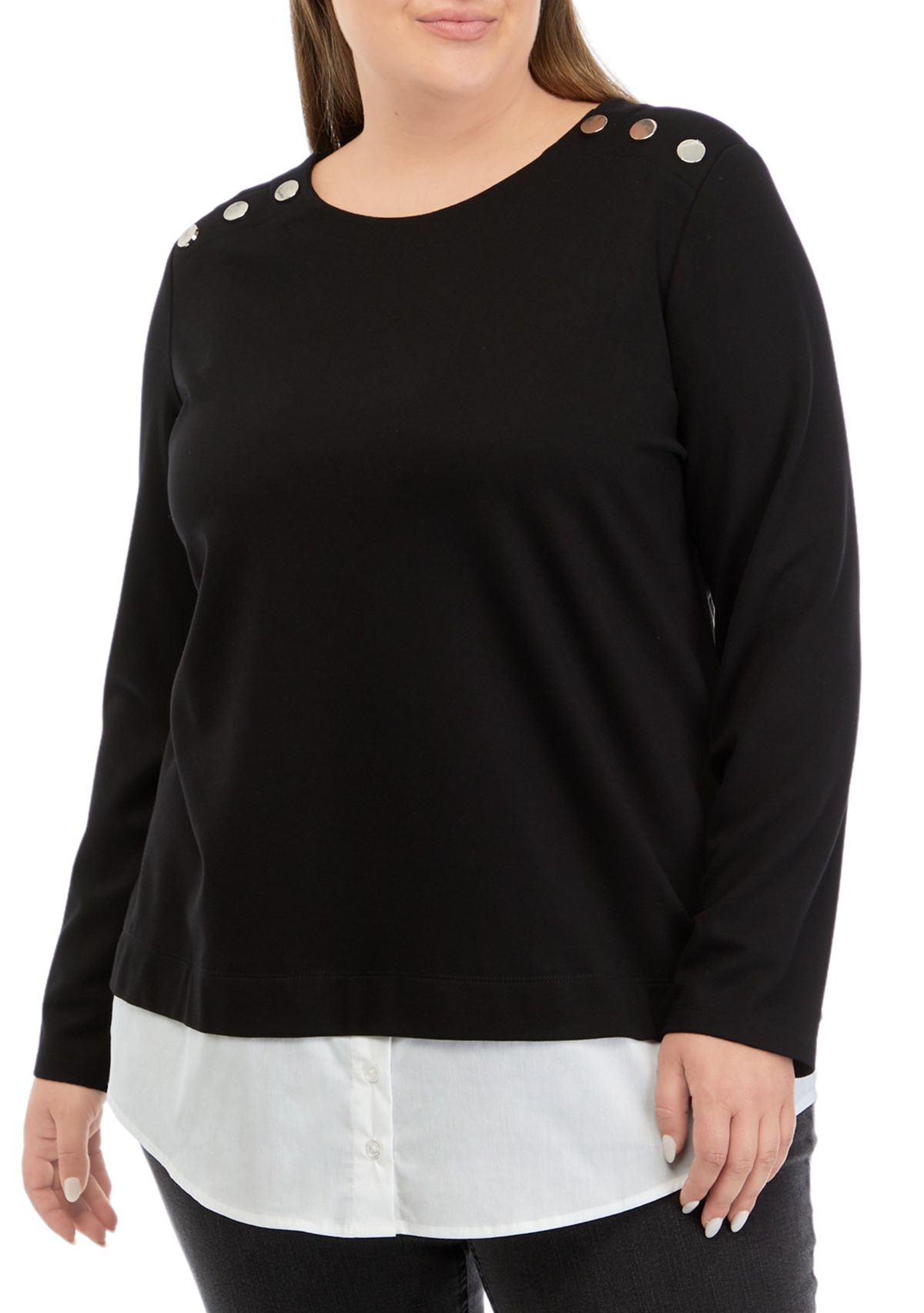 Plus Size Serenity Knit 2Fer Top with Woven Shoulder Rivets