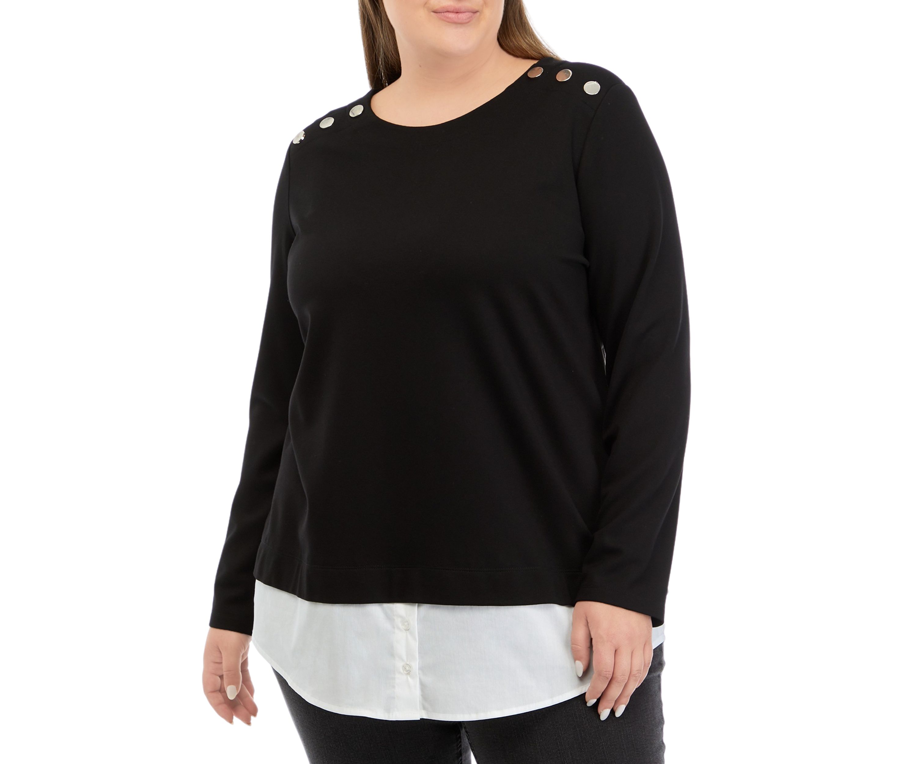 Plus Size Serenity Knit 2Fer Top with Woven Shoulder Rivets
