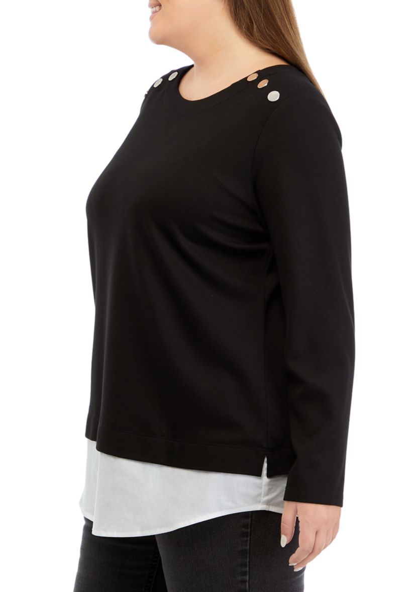 Plus Size Serenity Knit 2Fer Top with Woven Shoulder Rivets