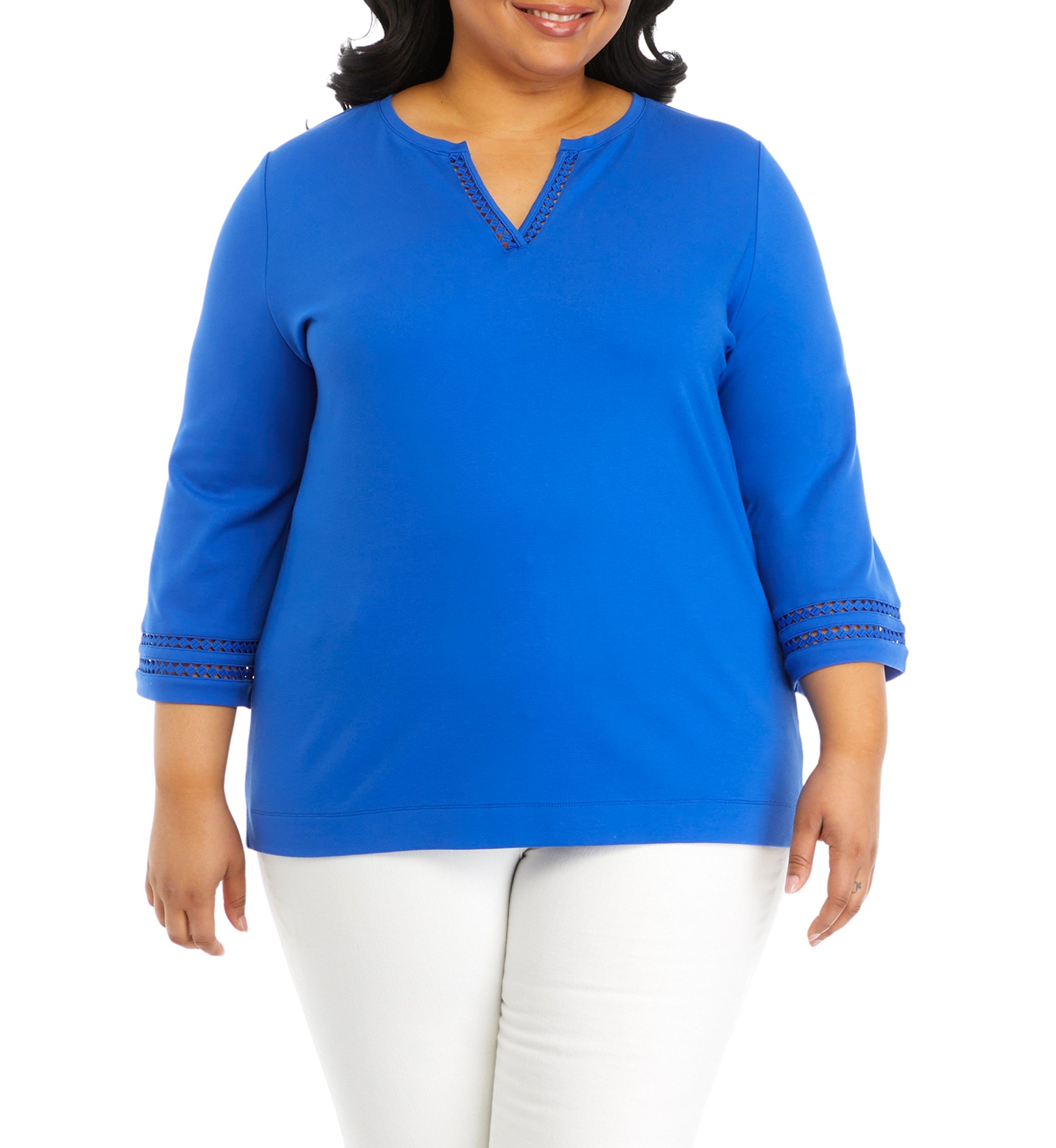 Plus Size Serenity 3/4 Sleeve Ladder Trim Split Neck Top