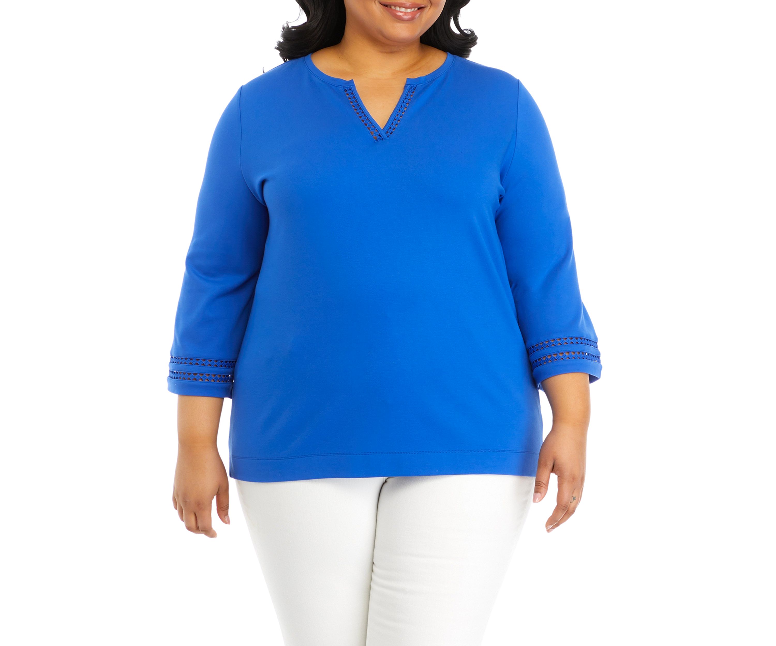 Plus Size Serenity 3/4 Sleeve Ladder Trim Split Neck Top