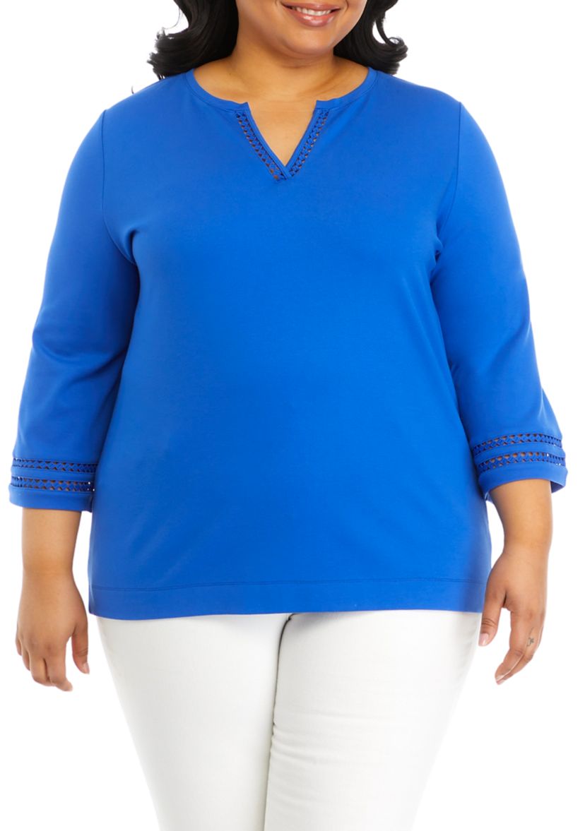 Plus Size Serenity 3/4 Sleeve Ladder Trim Split Neck Top