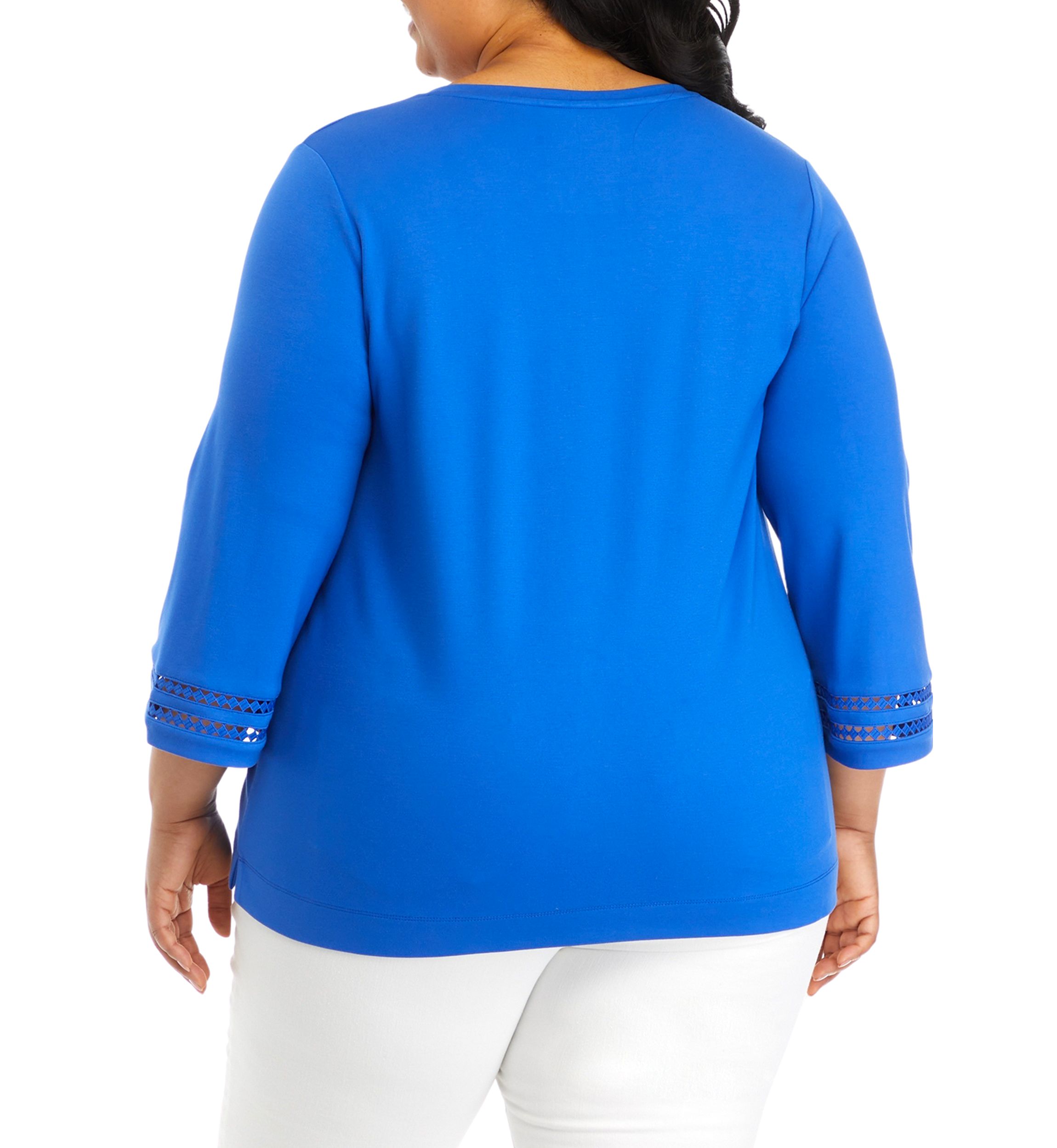 Plus Size Serenity 3/4 Sleeve Ladder Trim Split Neck Top