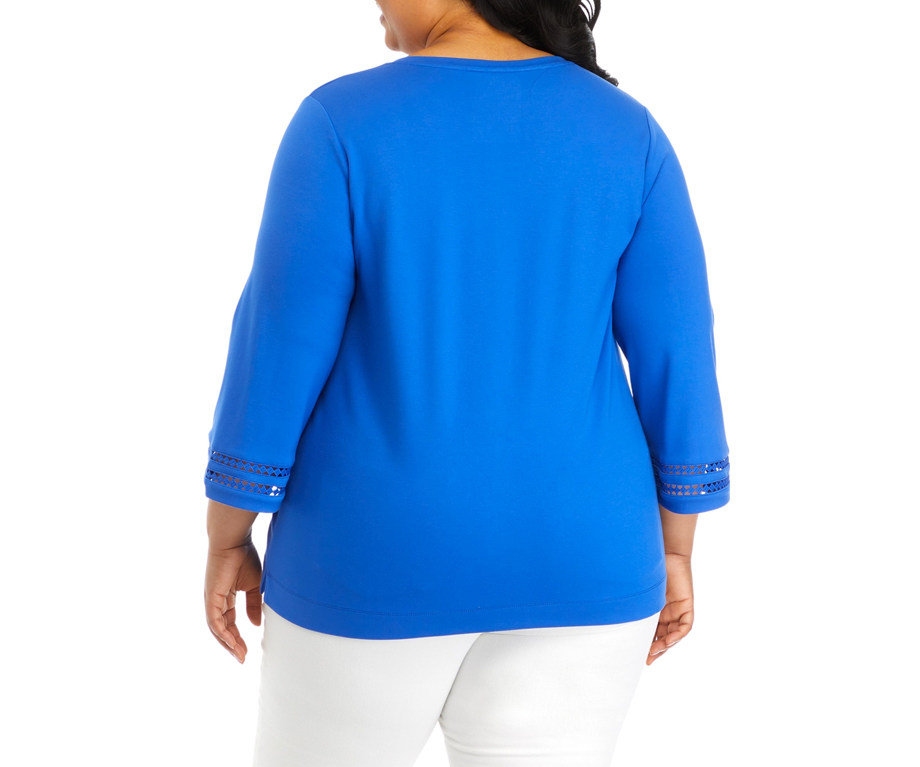Plus Size Serenity 3/4 Sleeve Ladder Trim Split Neck Top
