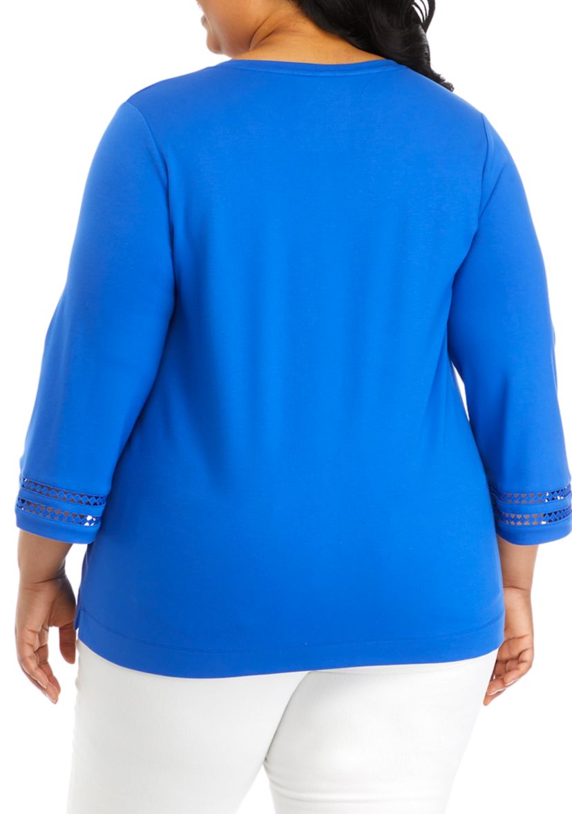 Plus Size Serenity 3/4 Sleeve Ladder Trim Split Neck Top