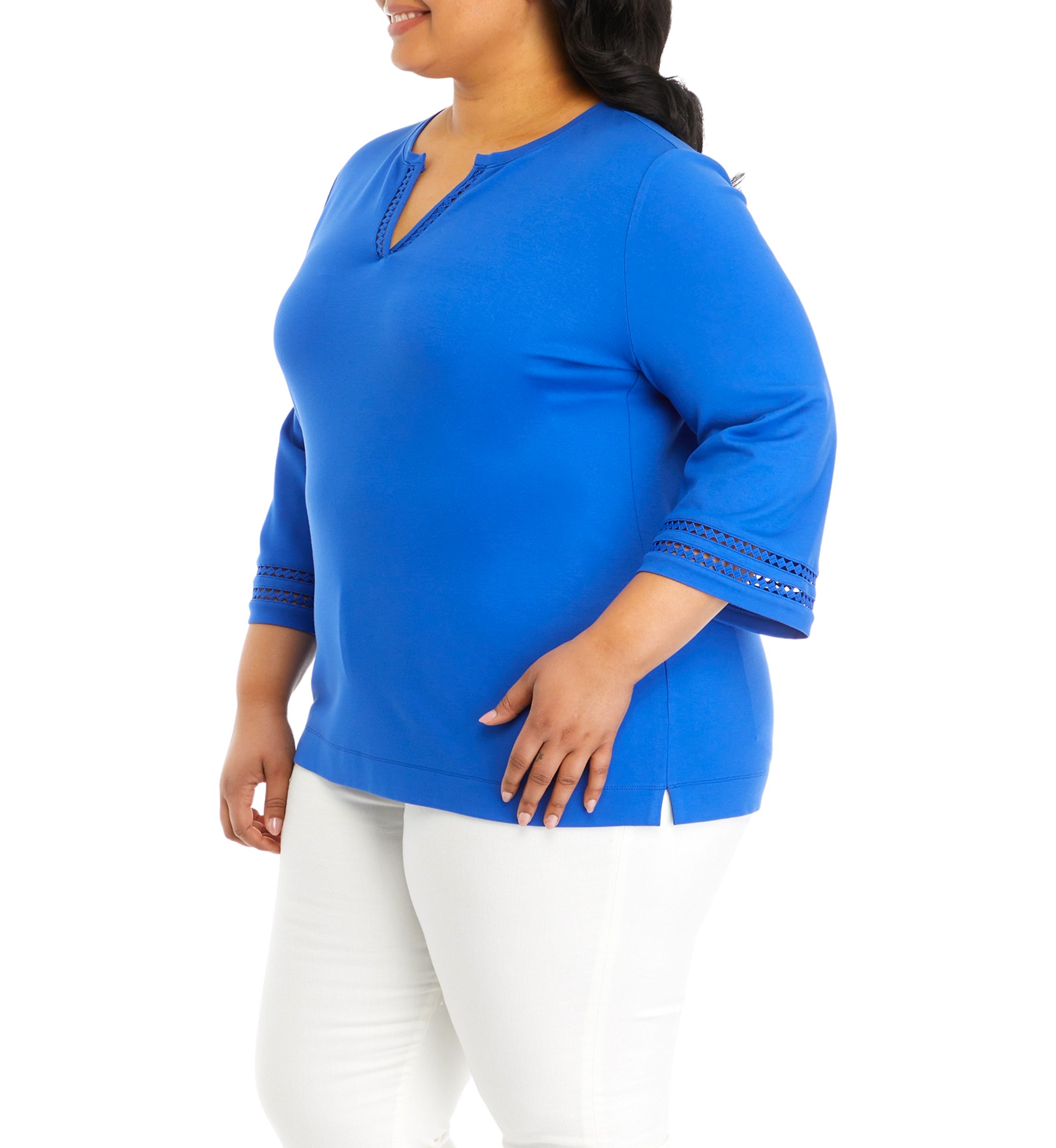Plus Size Serenity 3/4 Sleeve Ladder Trim Split Neck Top