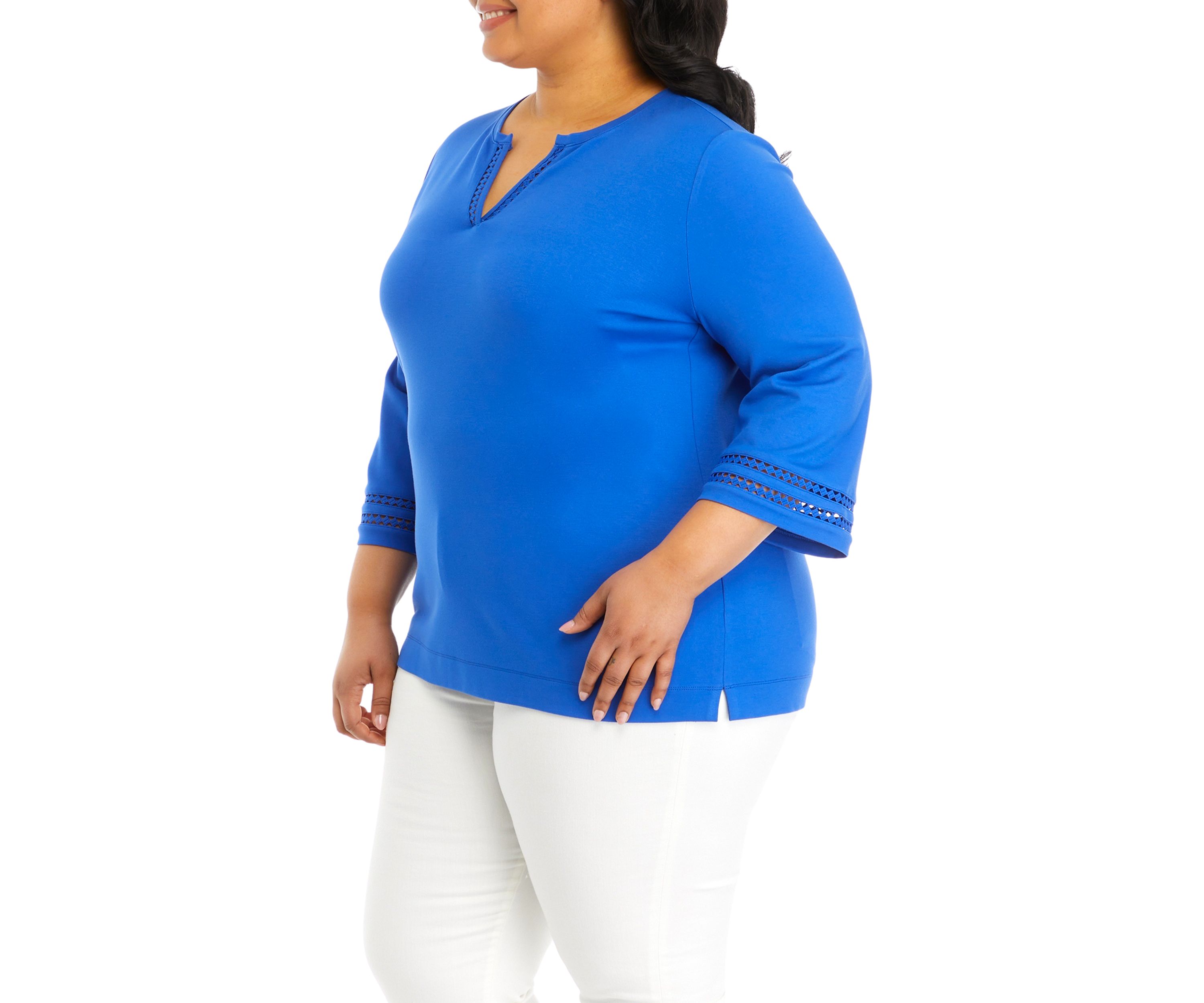 Plus Size Serenity 3/4 Sleeve Ladder Trim Split Neck Top