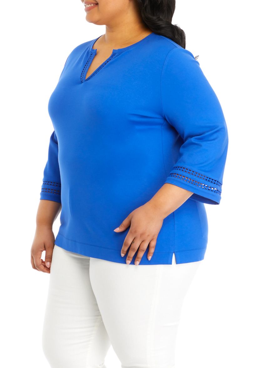 Plus Size Serenity 3/4 Sleeve Ladder Trim Split Neck Top