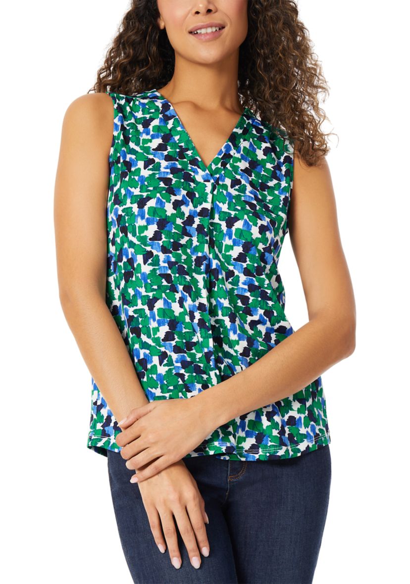 Womens Sleeveless Printed Pleat Front Crepe Top