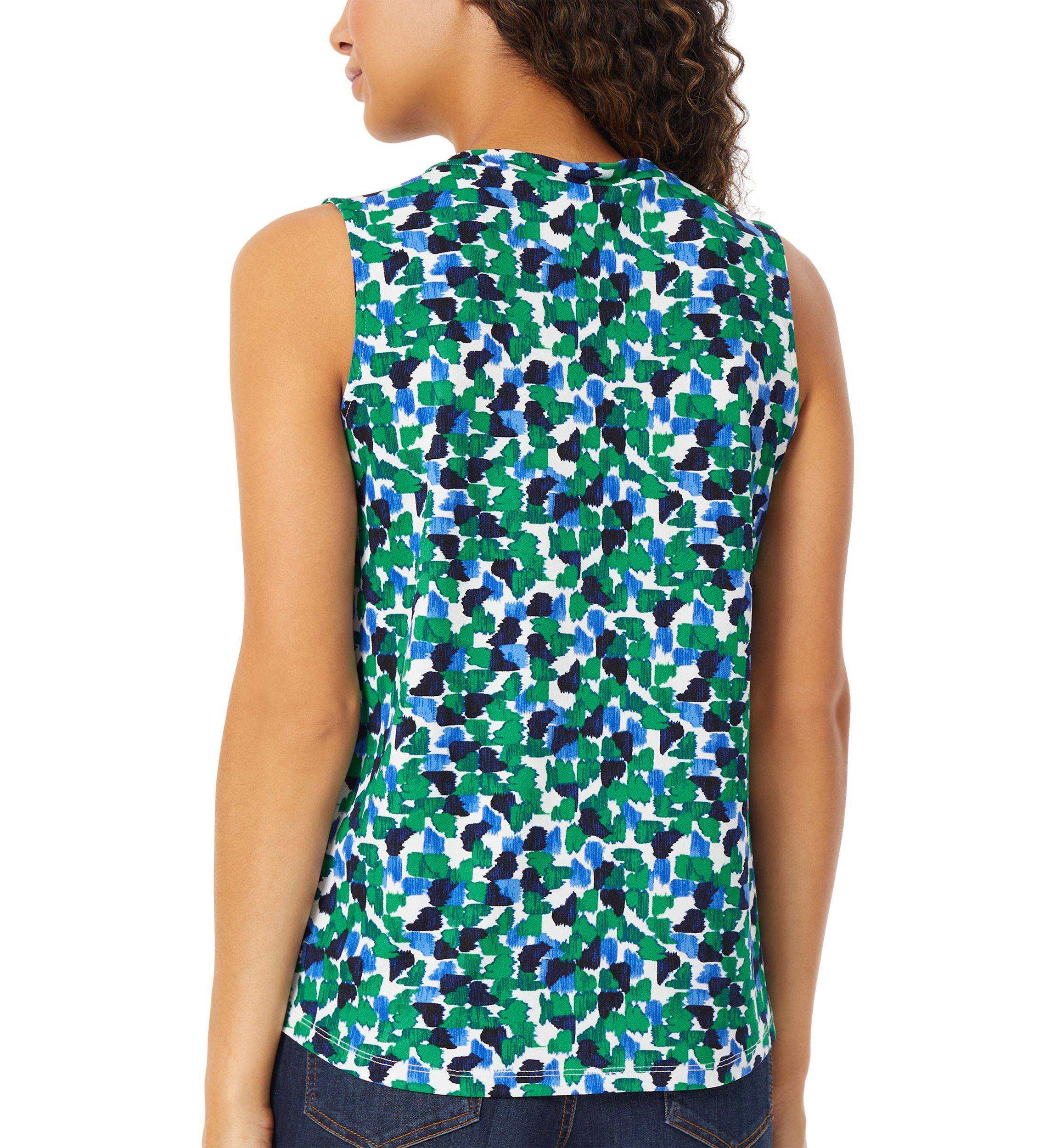 Womens Sleeveless Printed Pleat Front Crepe Top