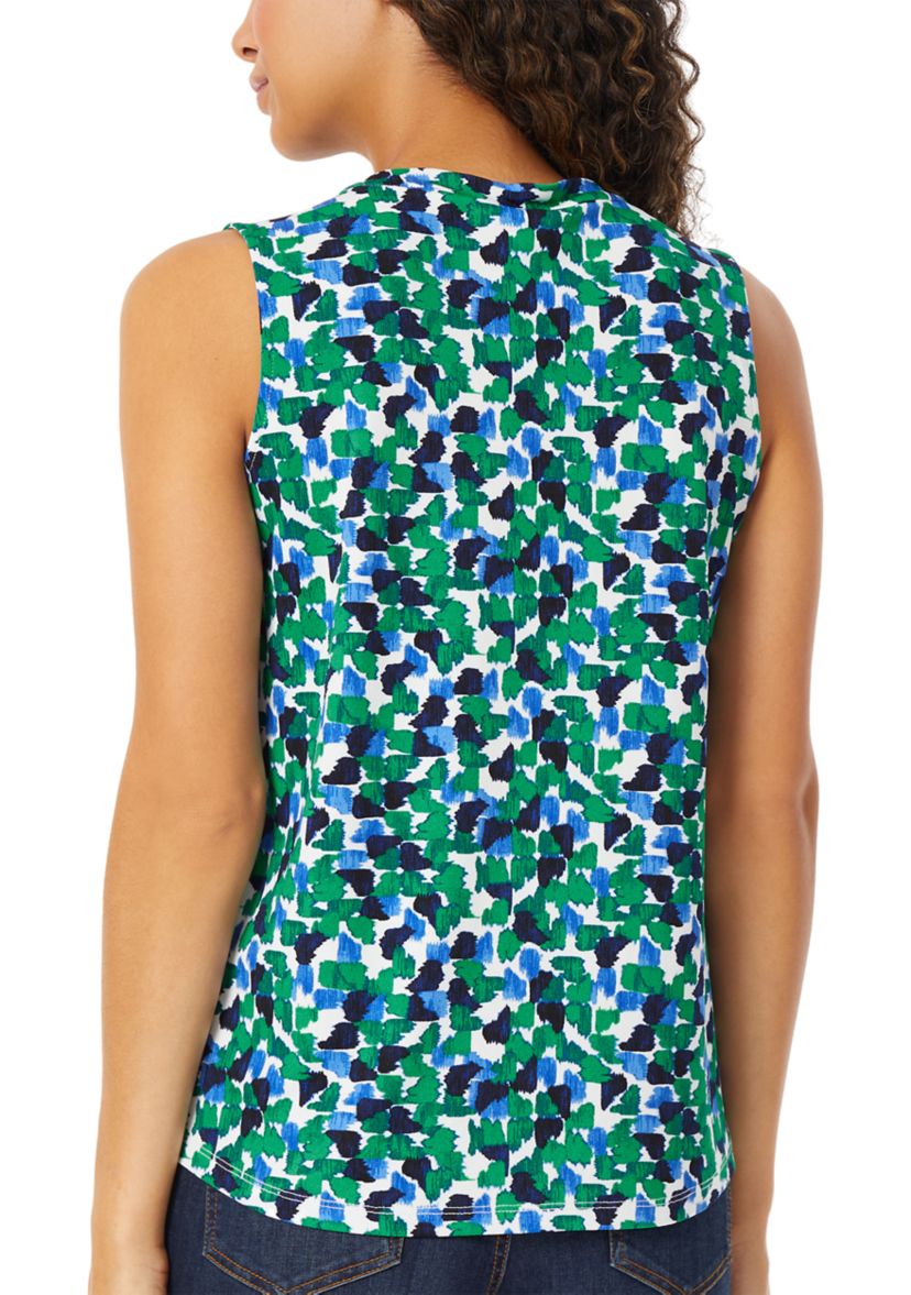 Womens Sleeveless Printed Pleat Front Crepe Top
