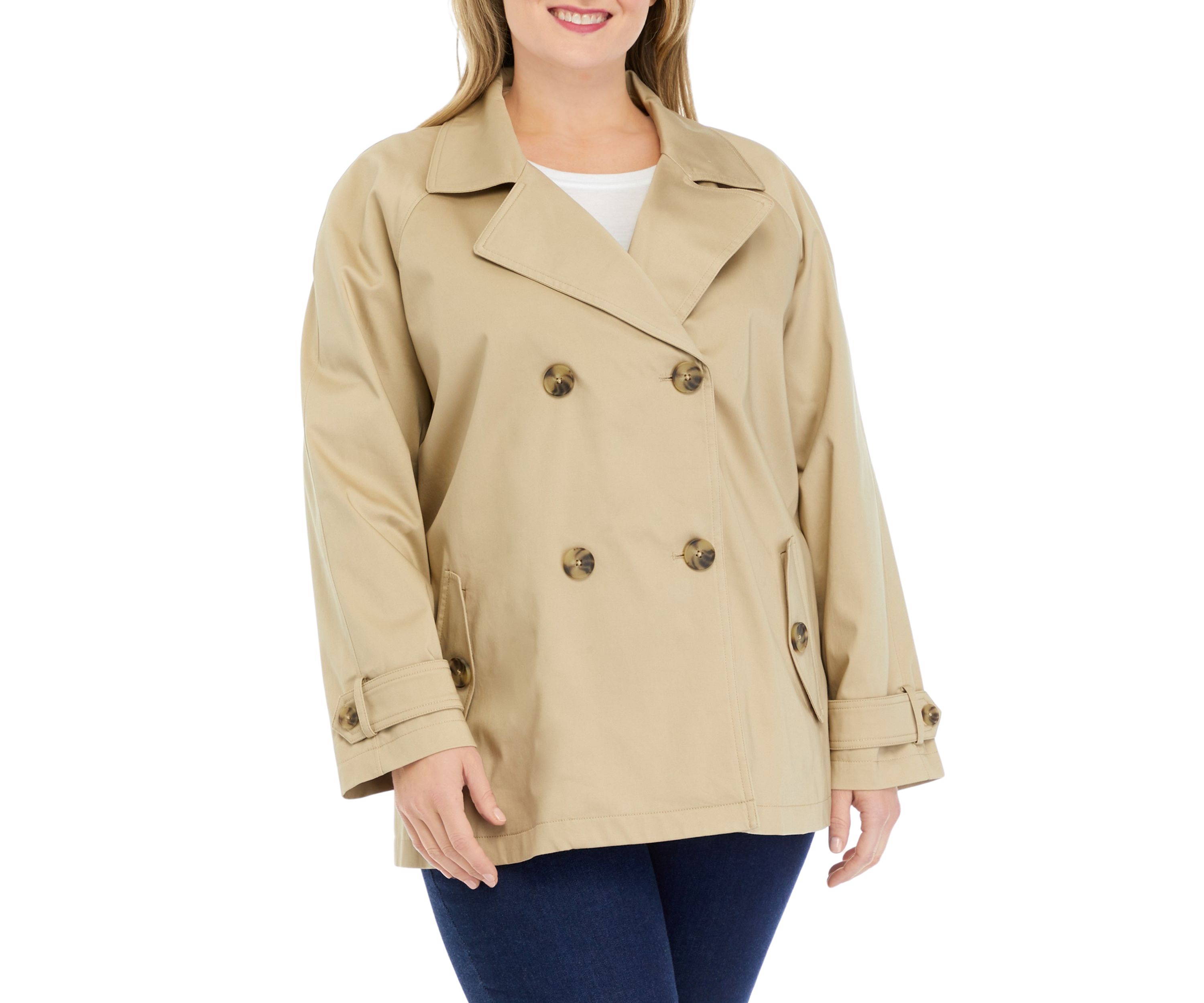 Plus Size Sateen Double Breasted Raglan Trench Coat