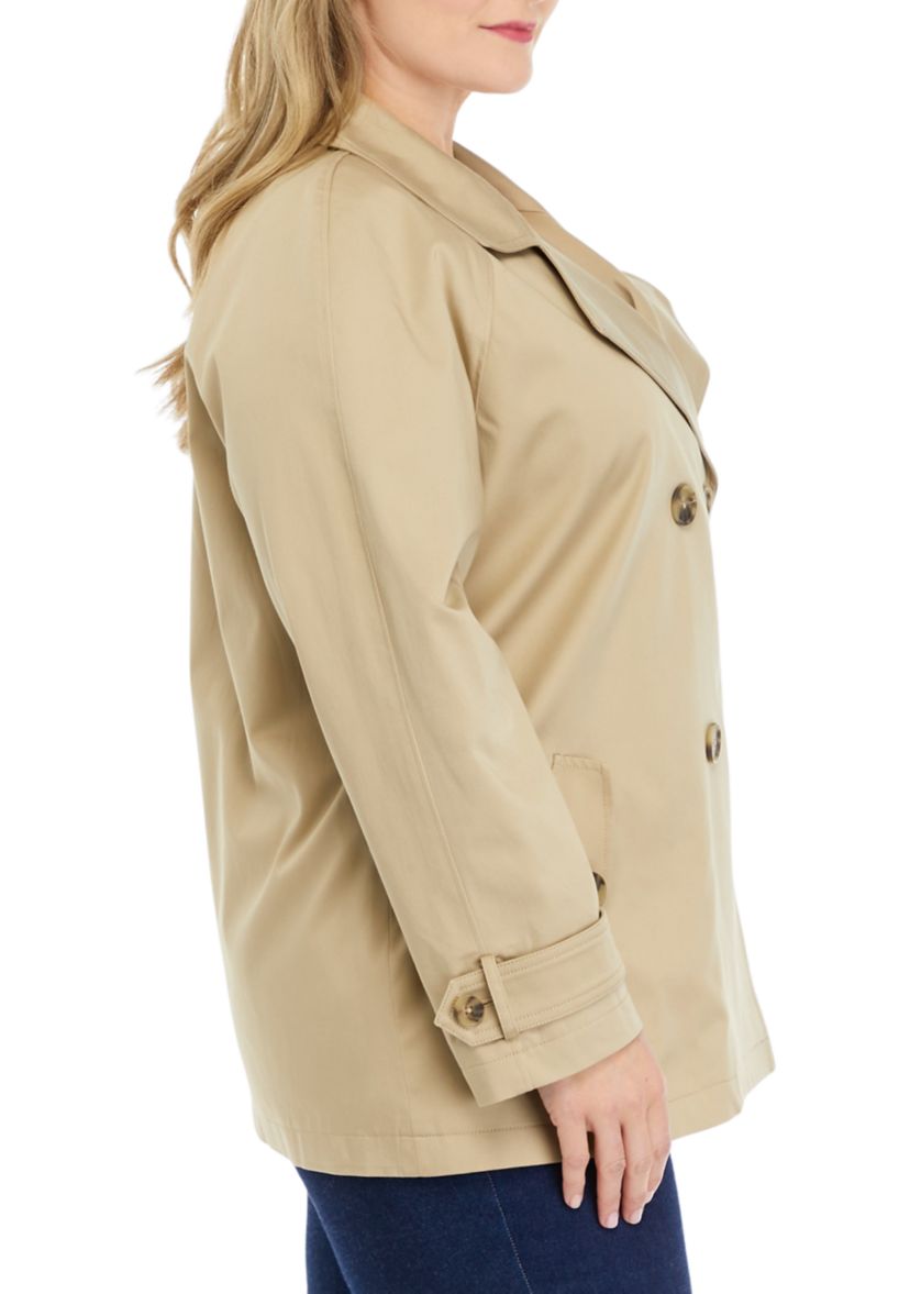 Plus Size Sateen Double Breasted Raglan Trench Coat