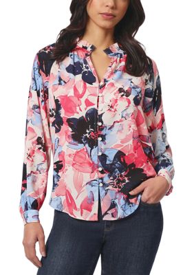 JONES NEW YORK Women's Long Sleeve Raglan Peasant Blouse with Ruffle Neck, XS