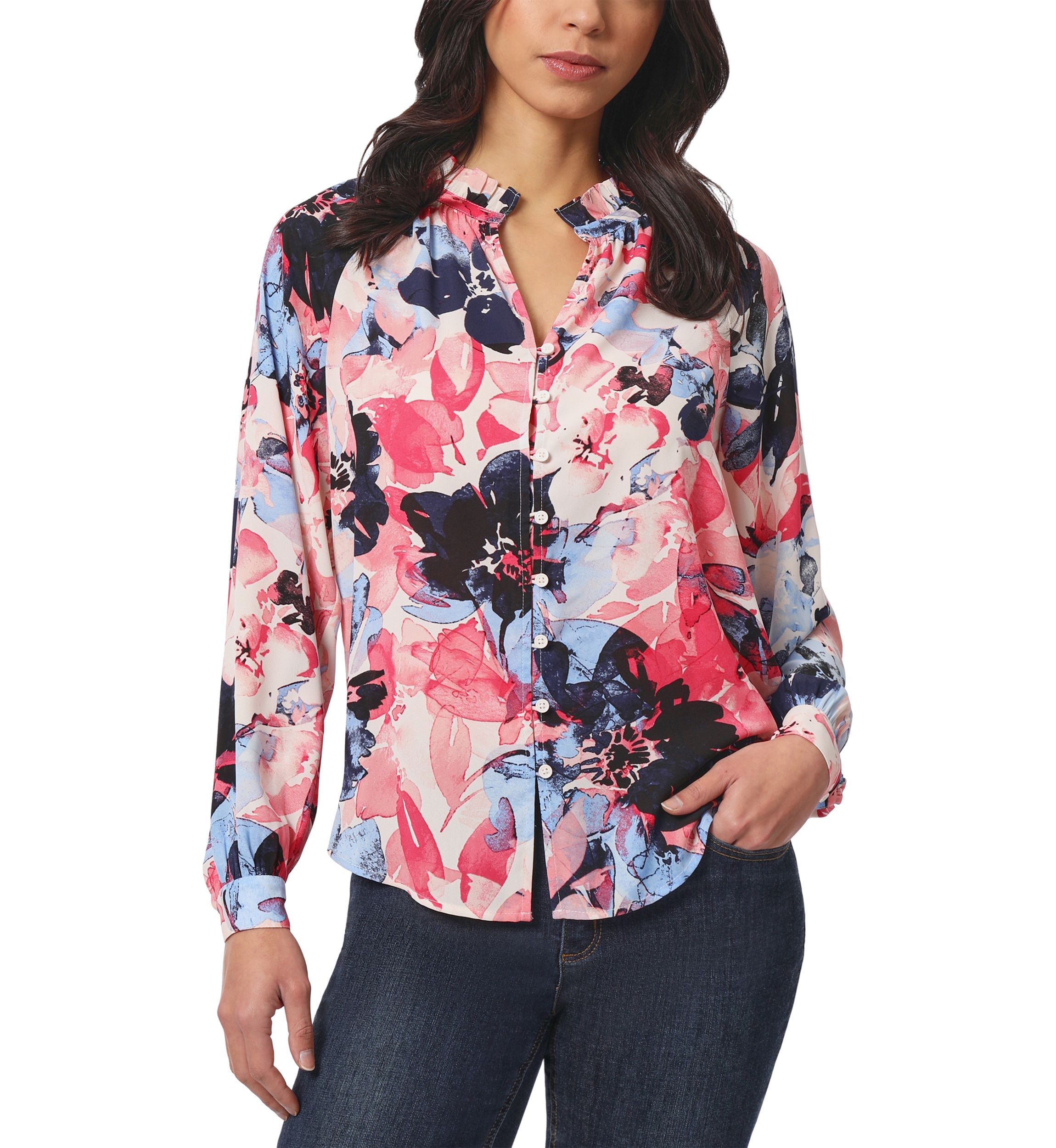 Womens Long Sleeve Raglan Peasant Blouse with Ruffle Neck