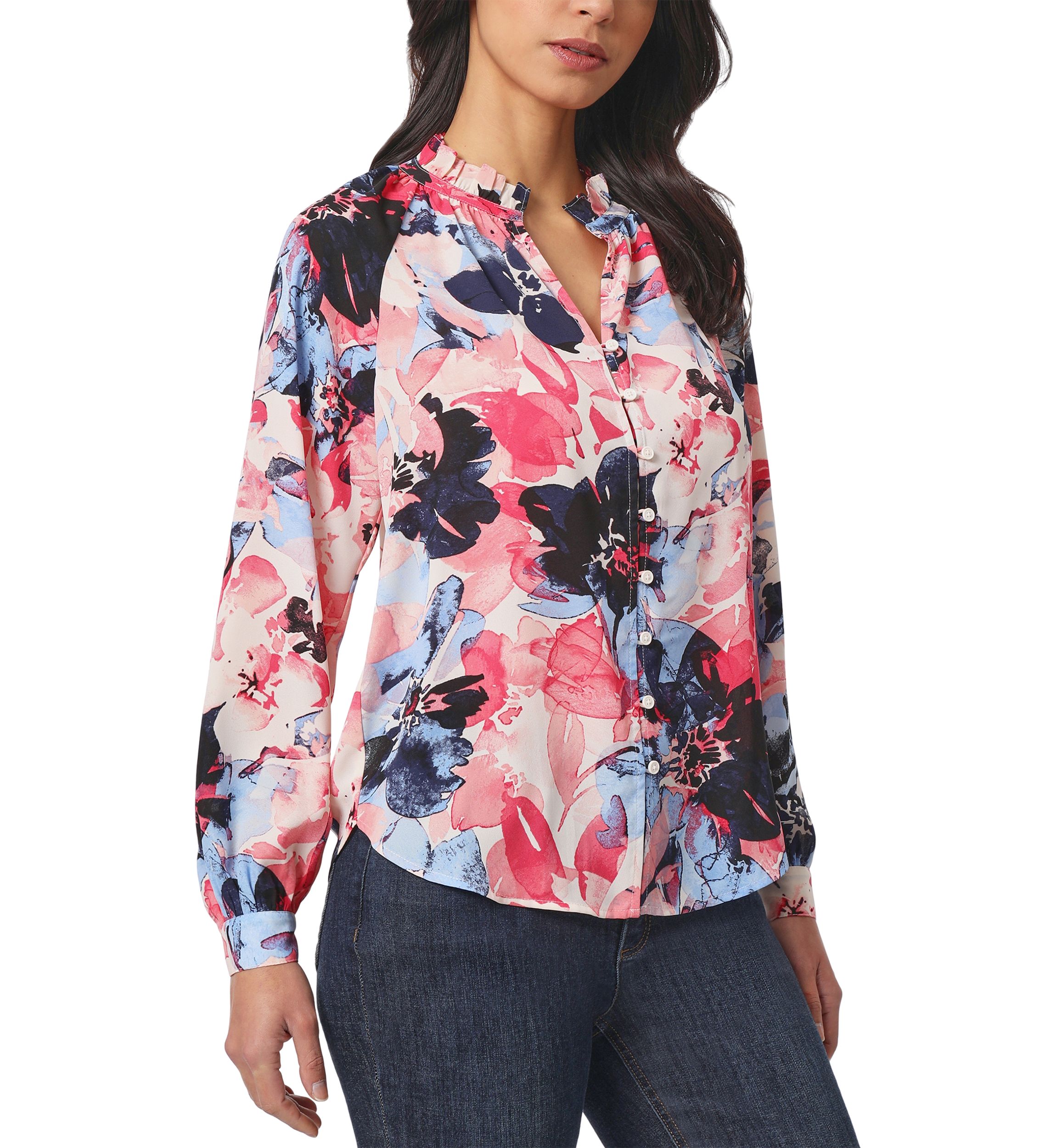 Womens Long Sleeve Raglan Peasant Blouse with Ruffle Neck