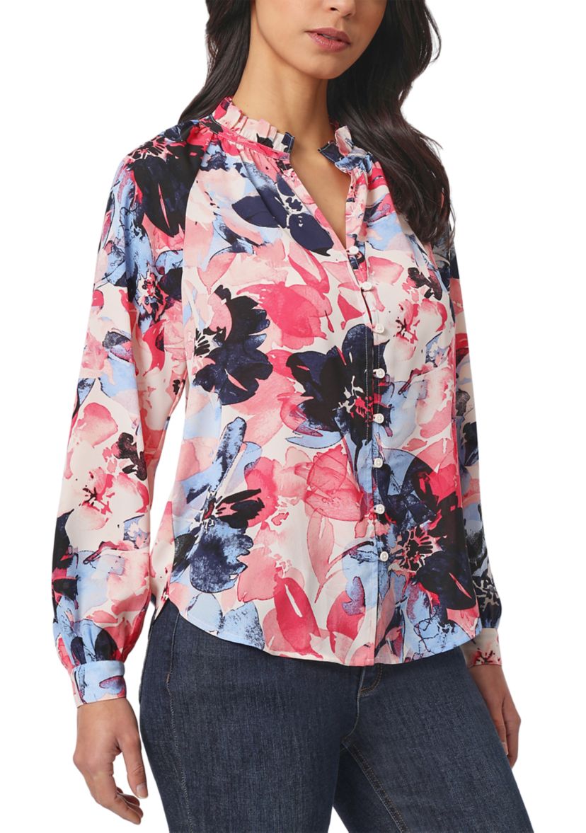 Womens Long Sleeve Raglan Peasant Blouse with Ruffle Neck