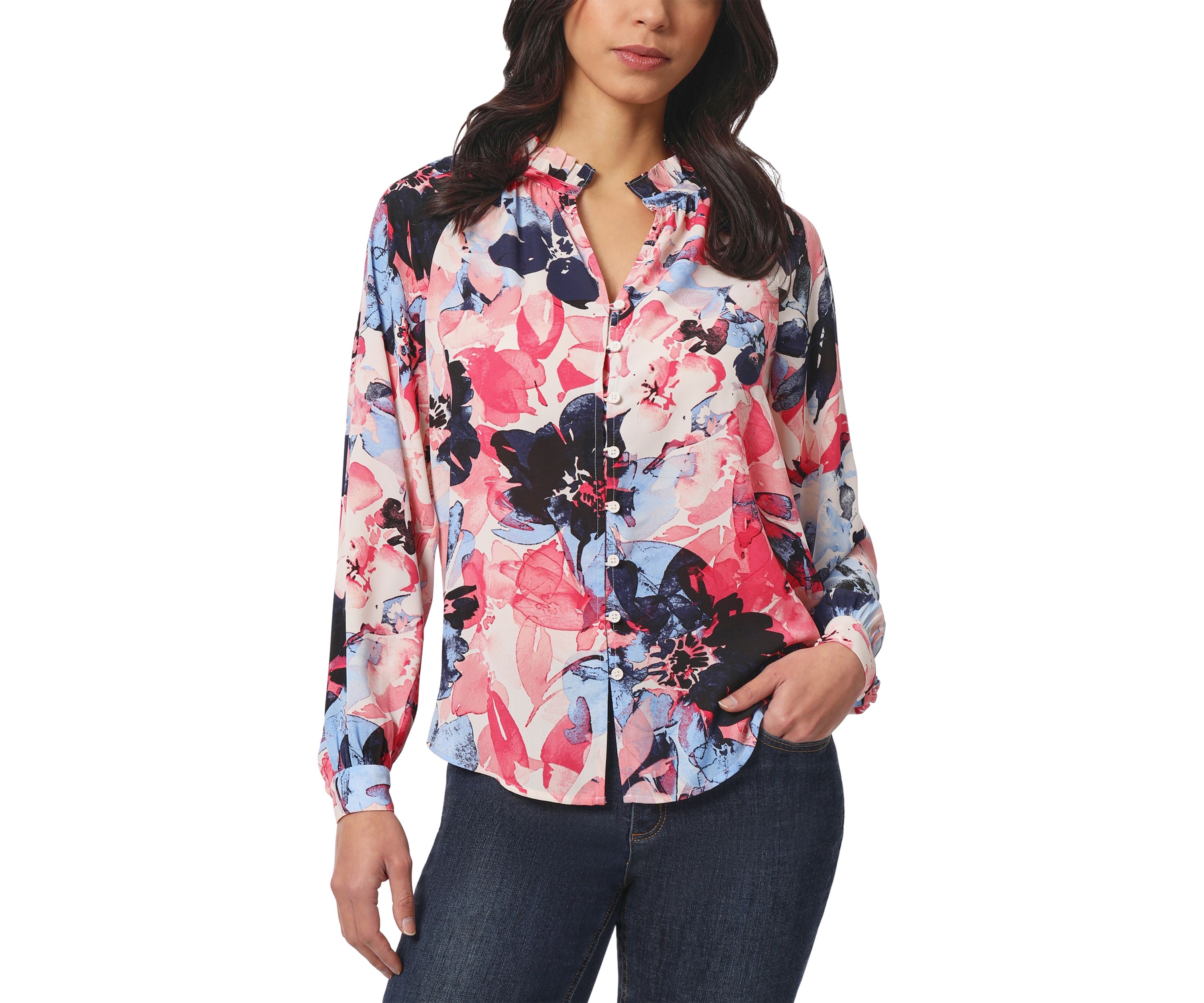 Petite Long Sleeve Raglan Peasant Blouse with Ruffle Neck