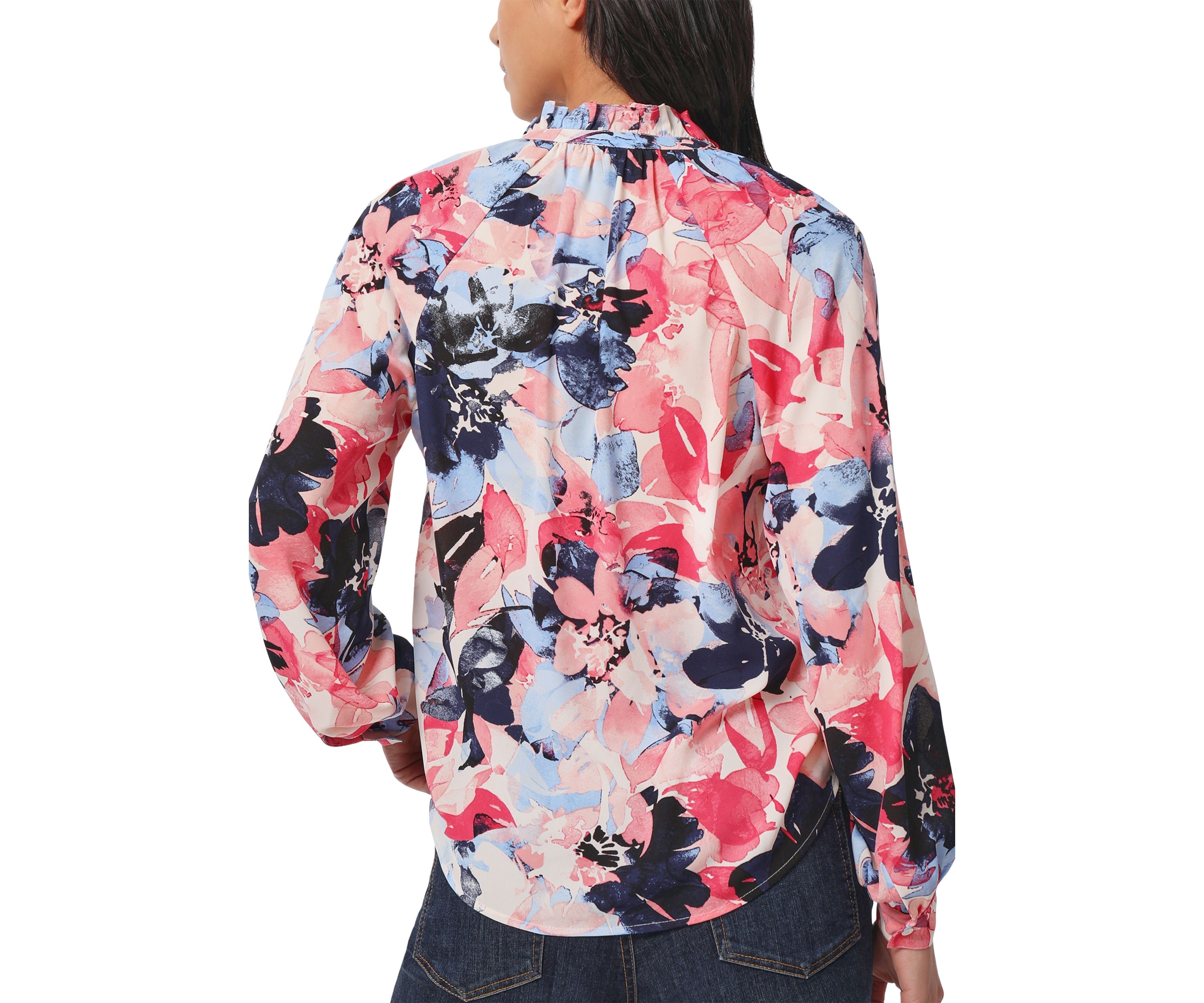 Petite Long Sleeve Raglan Peasant Blouse with Ruffle Neck