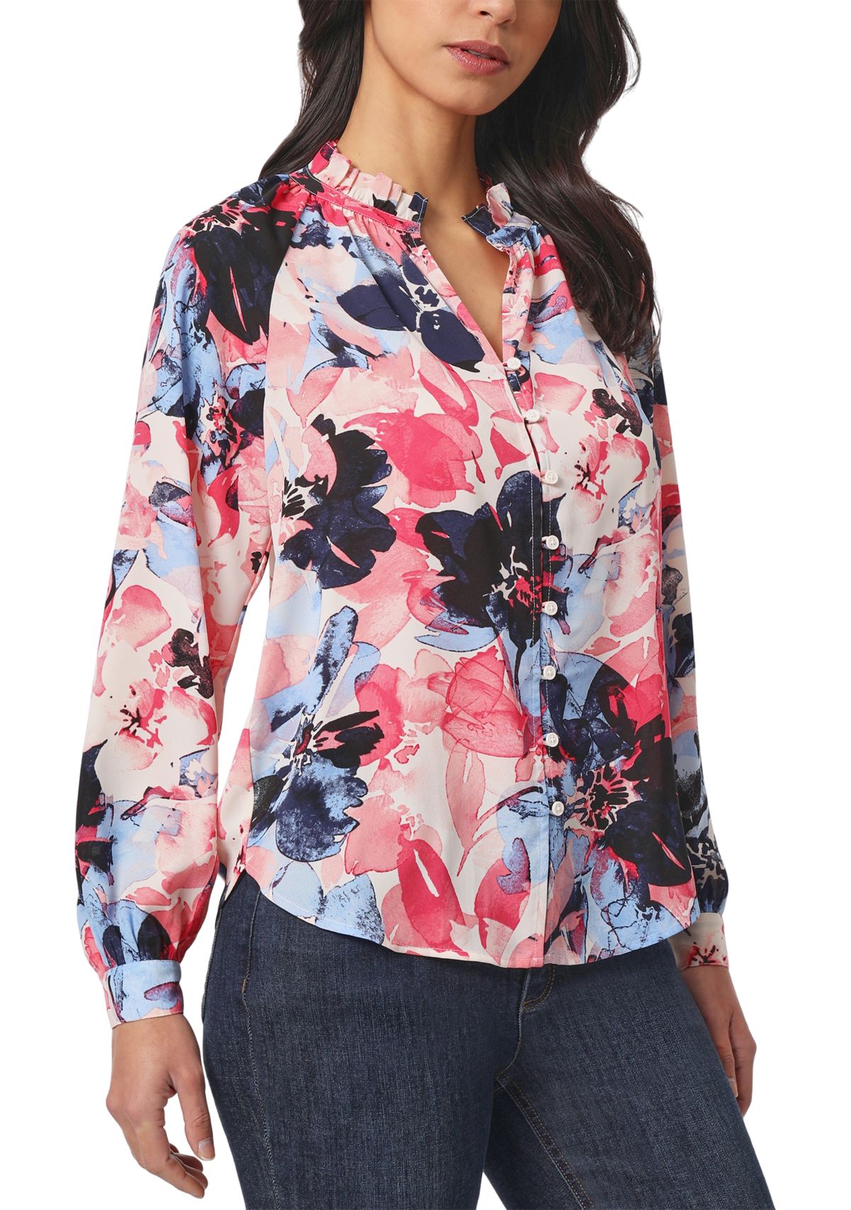 Petite Long Sleeve Raglan Peasant Blouse with Ruffle Neck