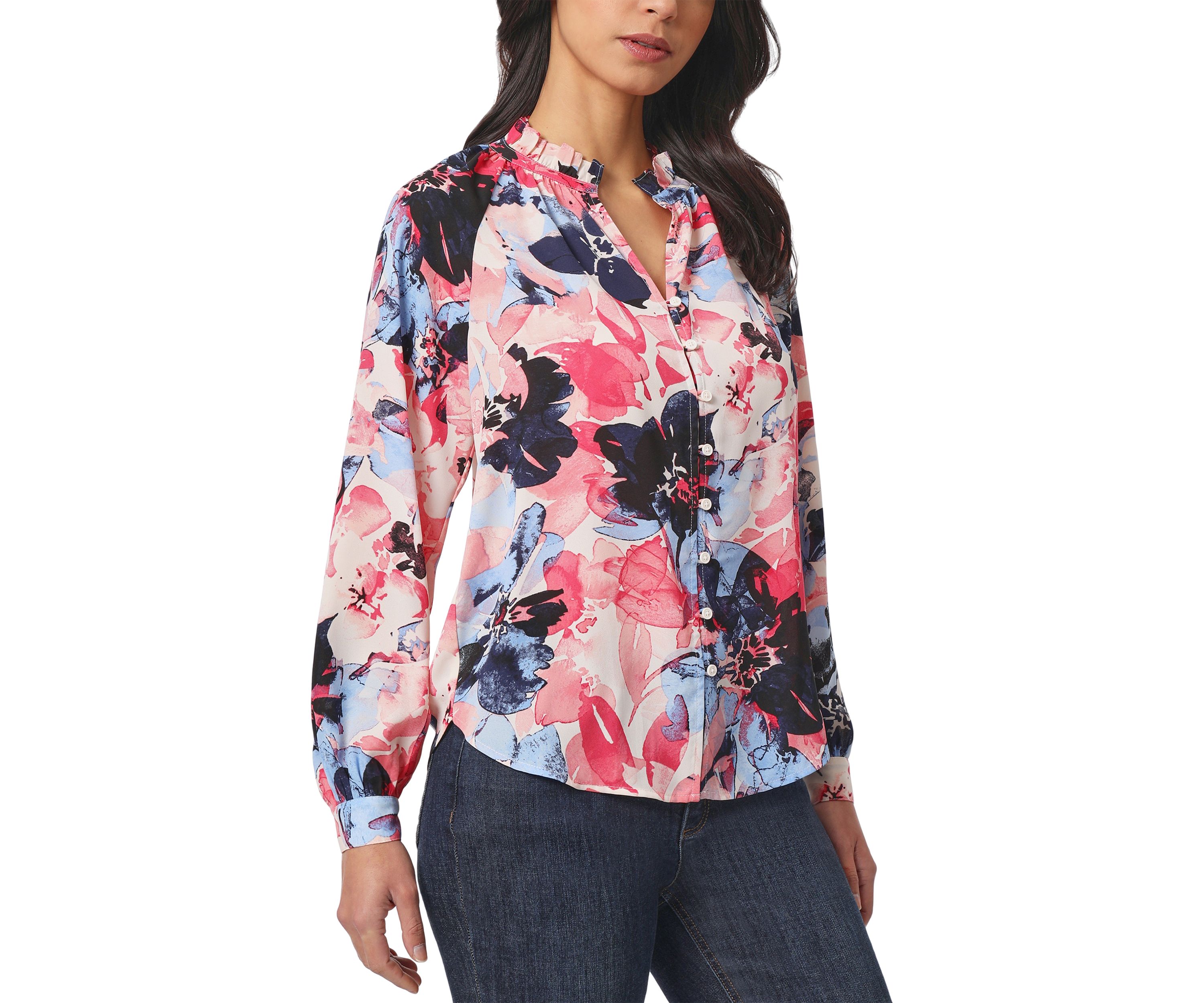 Petite Long Sleeve Raglan Peasant Blouse with Ruffle Neck
