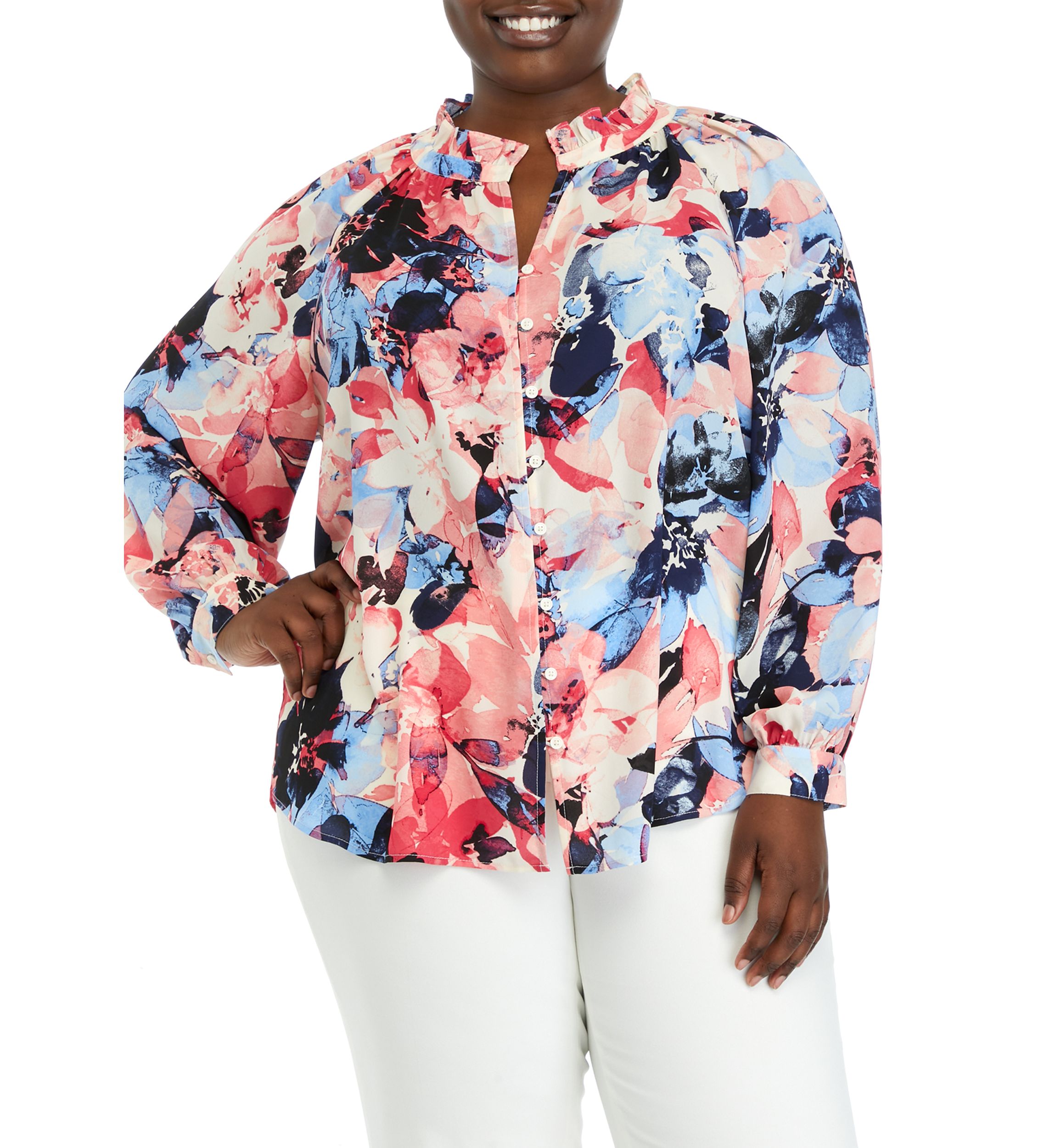 Plus Size Long Sleeve Peasant Blouse with Ruffle Neck